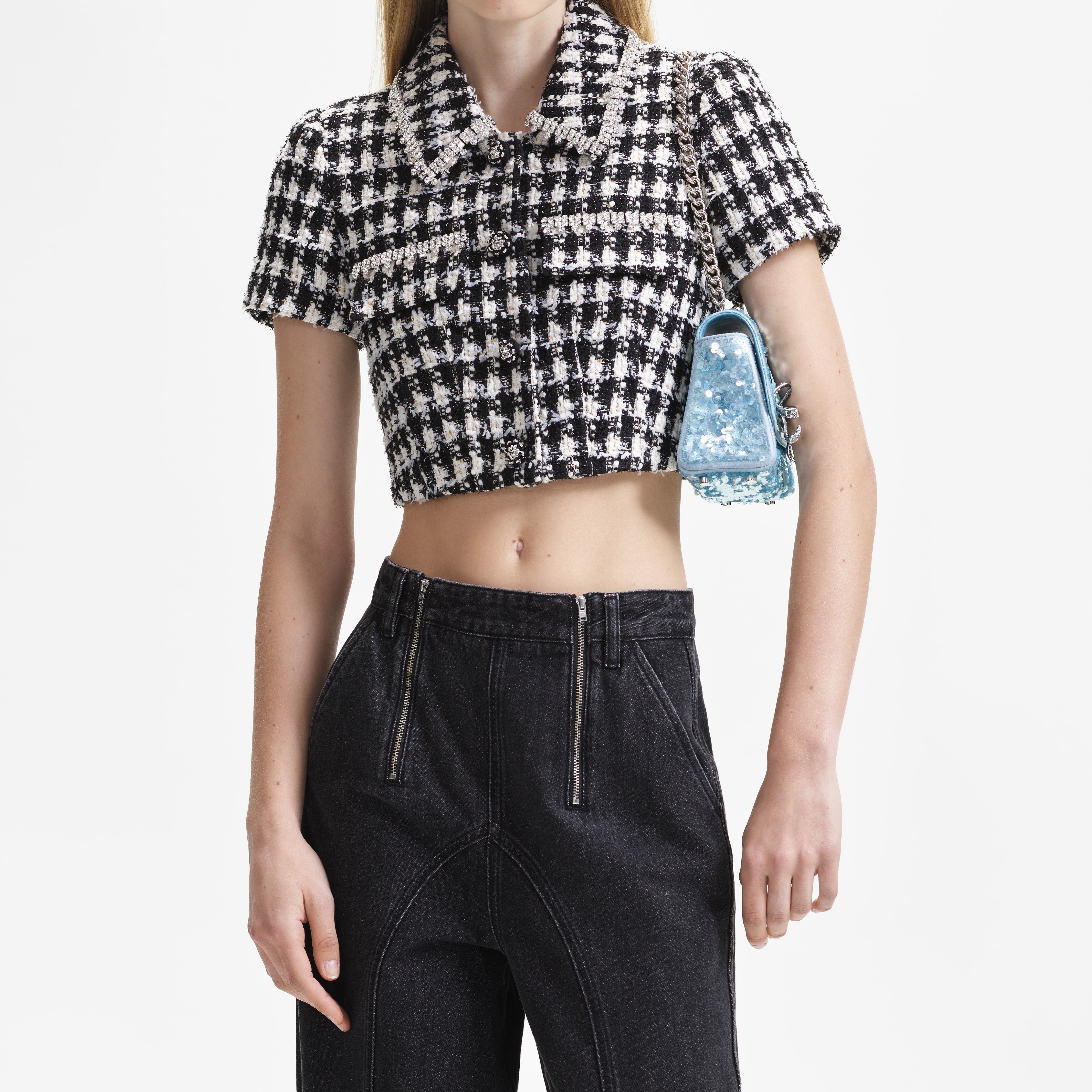 Black Check Boucle Crop Top - 4