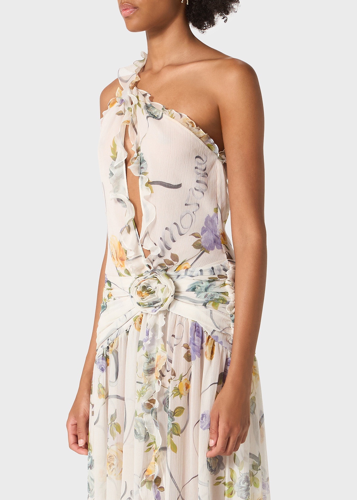 ONE-SHOULDER DRESS IN CREPONNE WITH RUFFLED ROSE DECORATION - 5