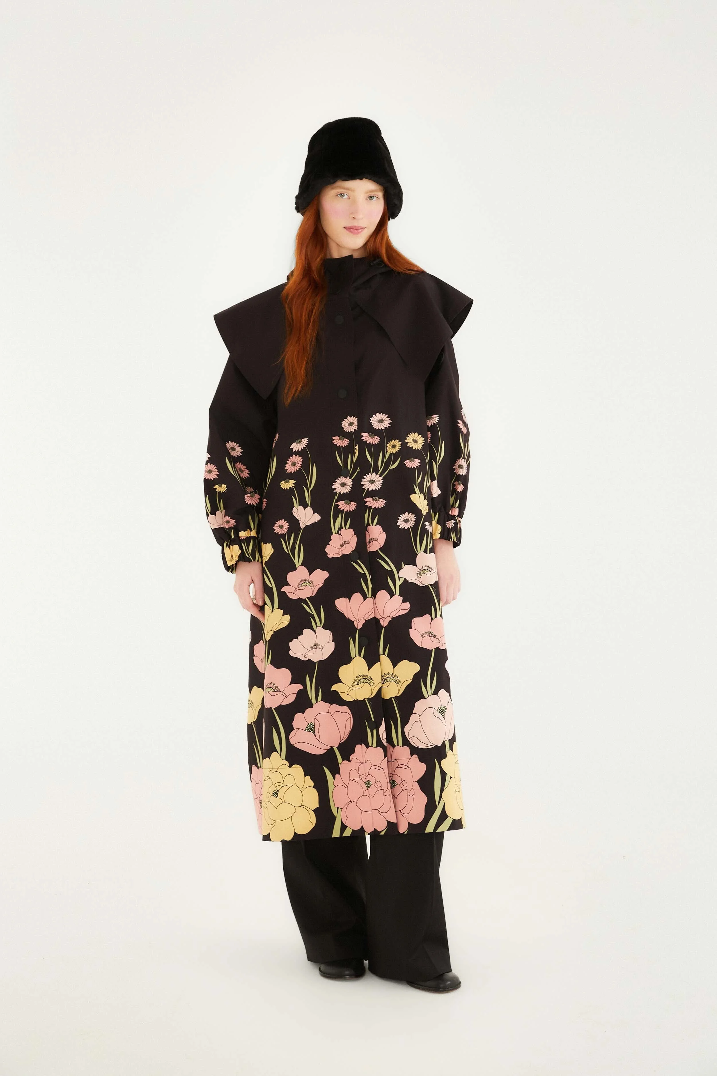 Black Growing Flowers Raincoat - 1