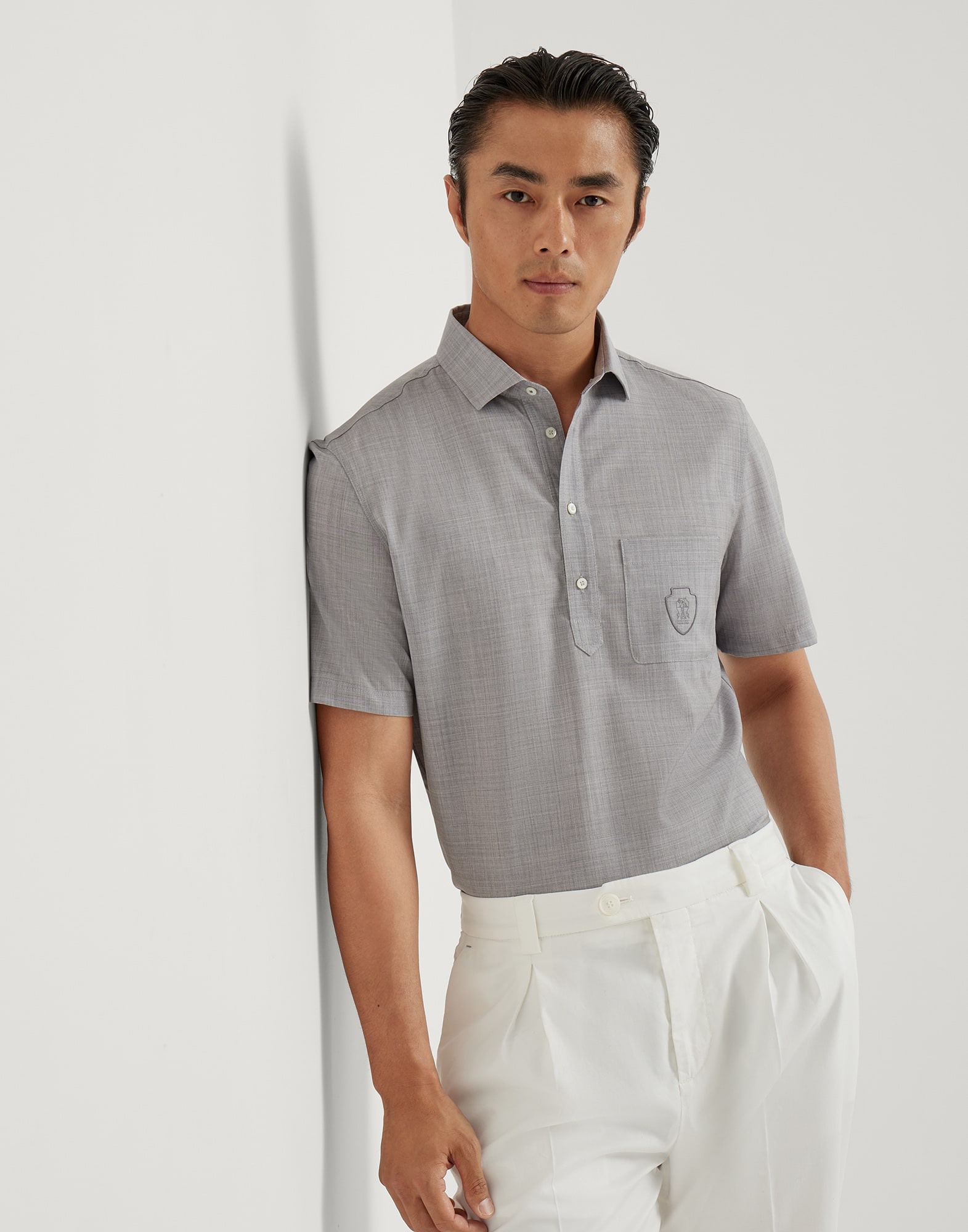 Virgin wool poplin polo shirt with chest pocket and logo - 4