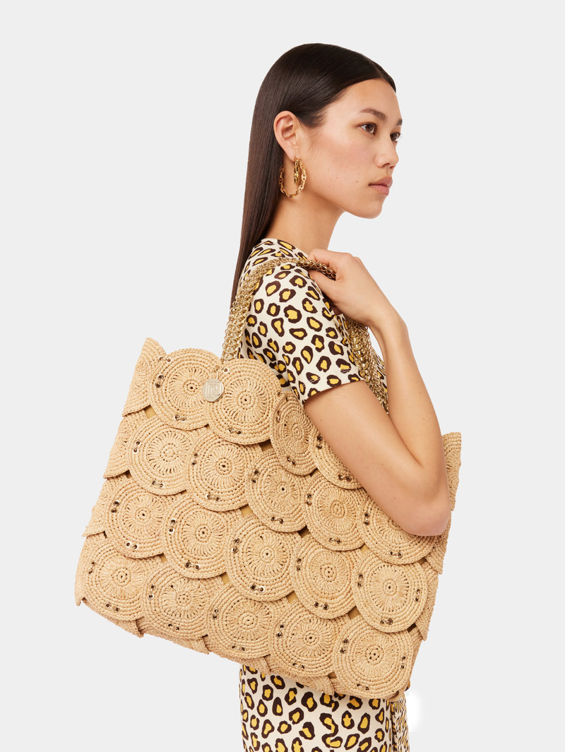 LARGE HANDBAG WITH BEIGE DISCS IN RAFFIA 3