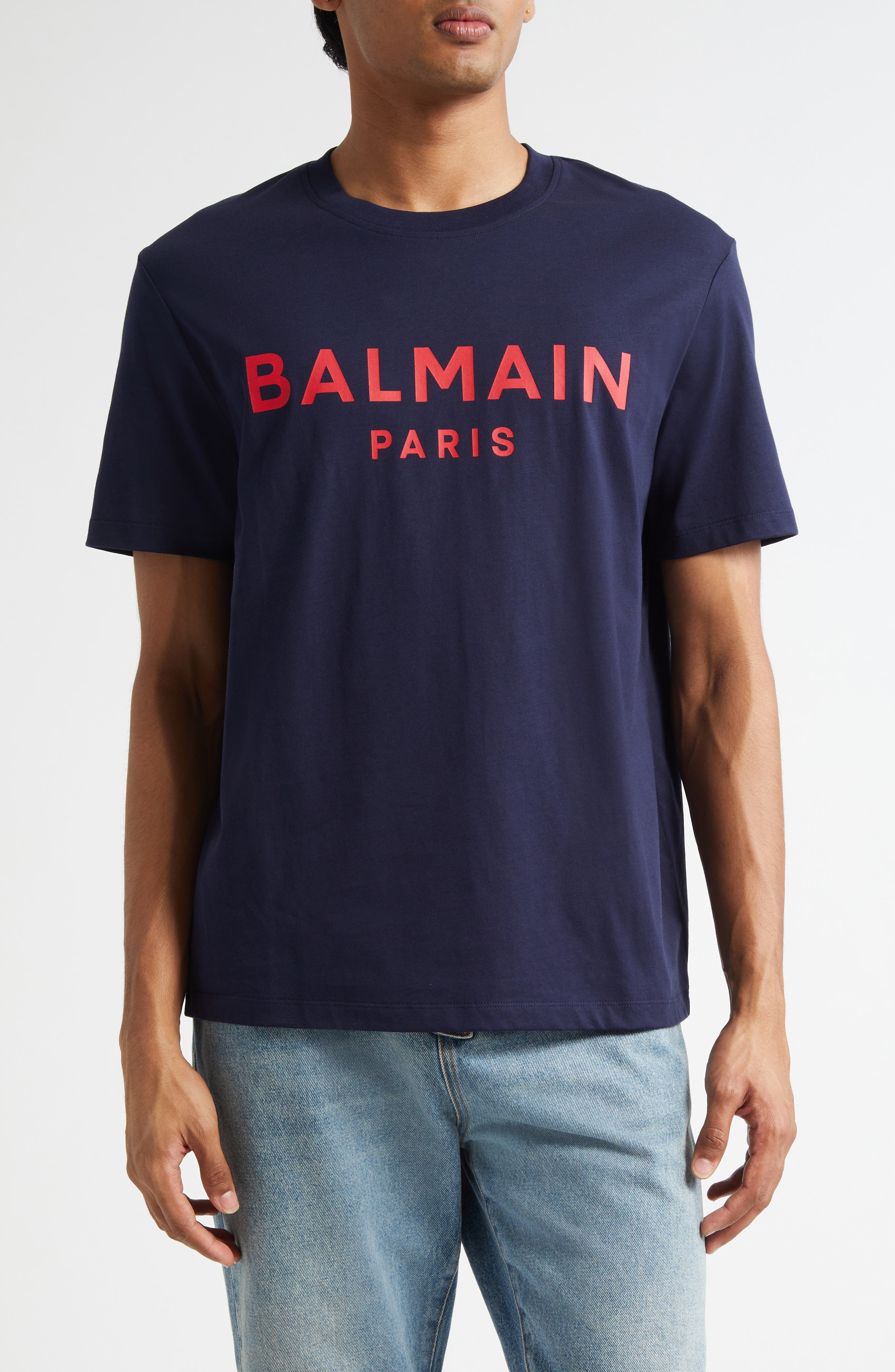 Balmain Regular Fit Logo Graphic T-Shirt in Navy/Red at Nordstrom - 1