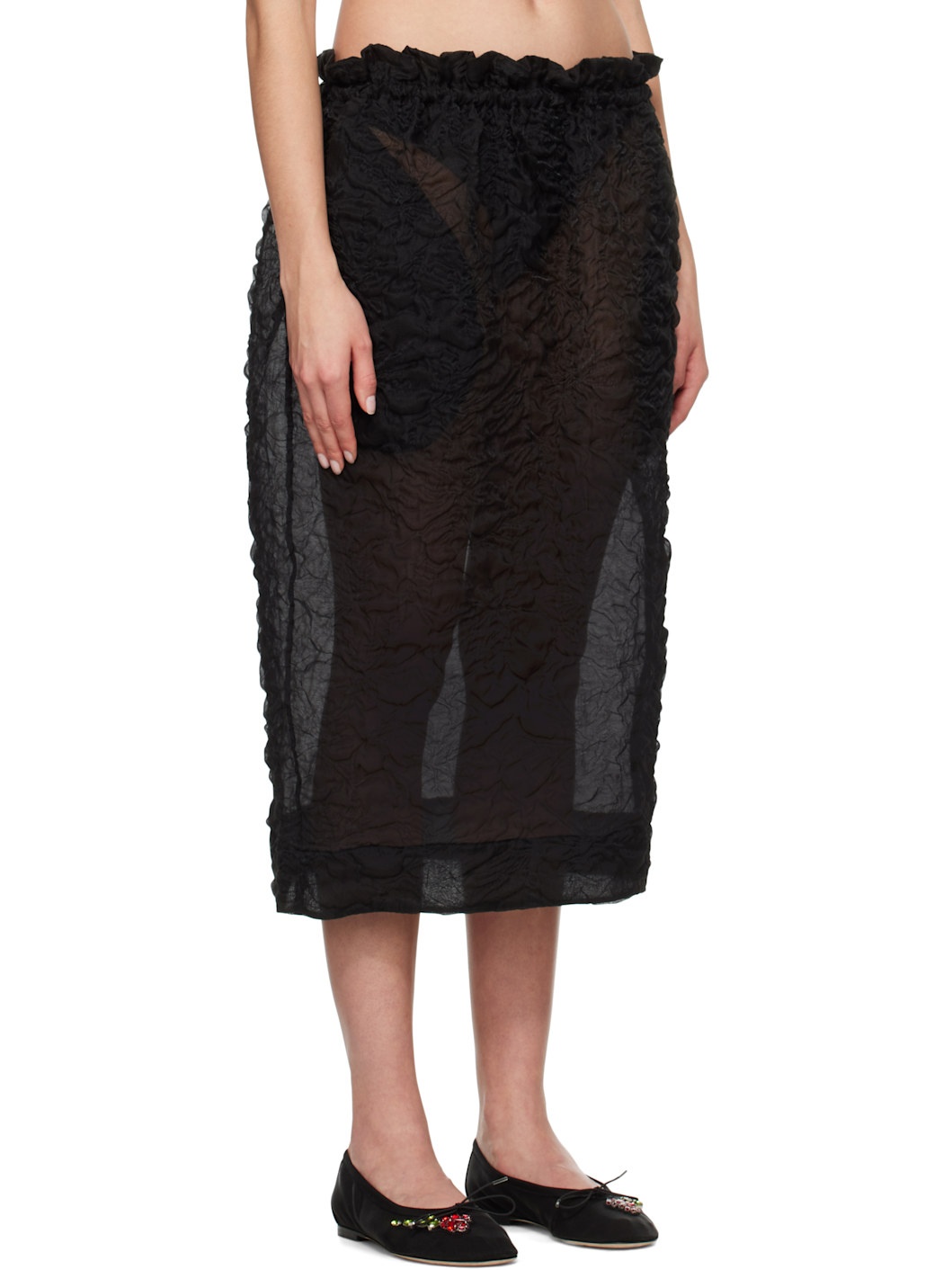 Black Elasticated Gathered Ruffle Waist Tulip Midi Skirt - 2