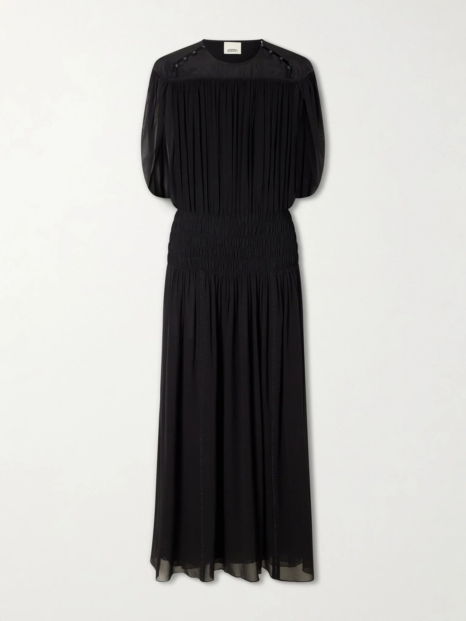 Nesrine bead-embellished pleated smocked silk maxi dress Black - 1