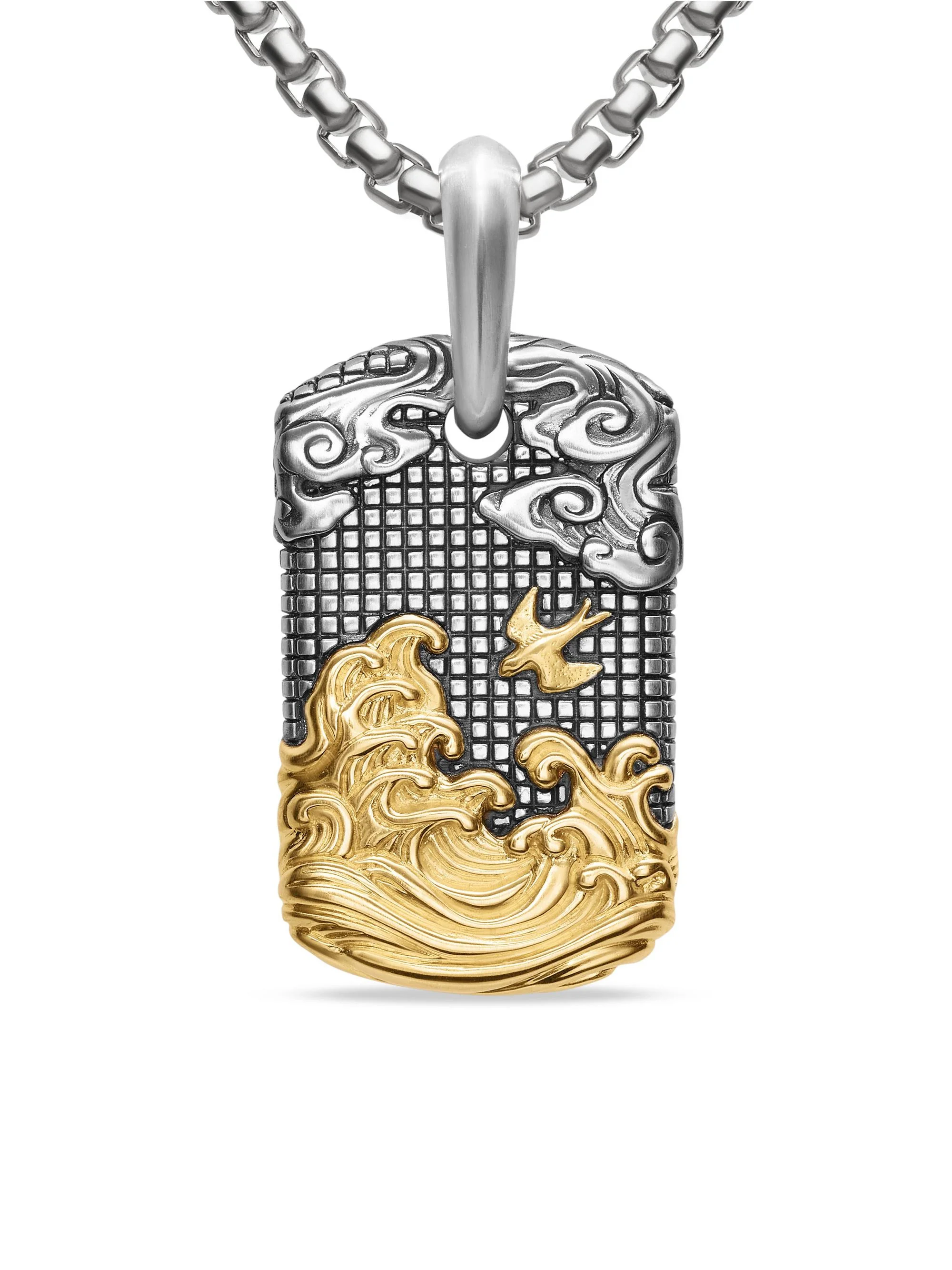 Men's Waves Tag in Sterling Silver with 18K Yellow Gold, 27MM - Silver - 1