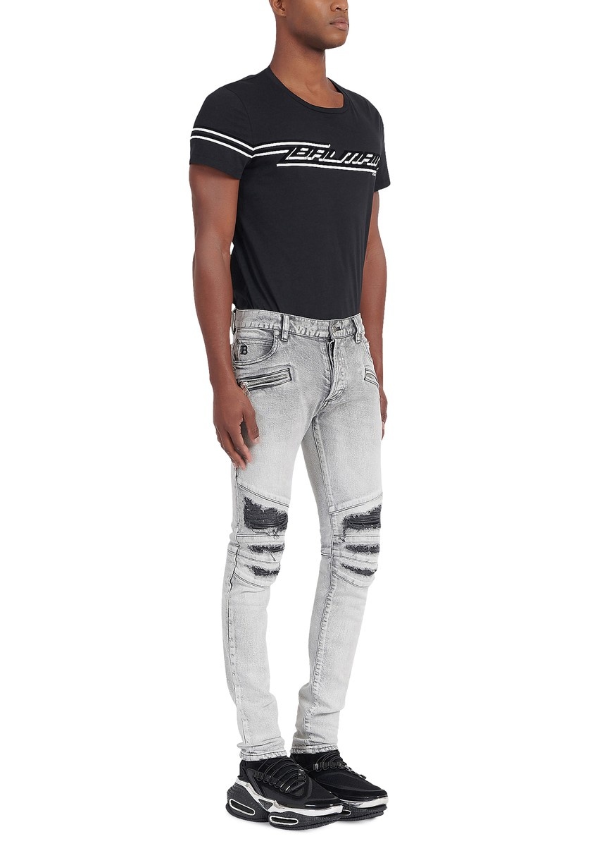 Slim cut ripped cotton jeans with synthetic leather panels - 7