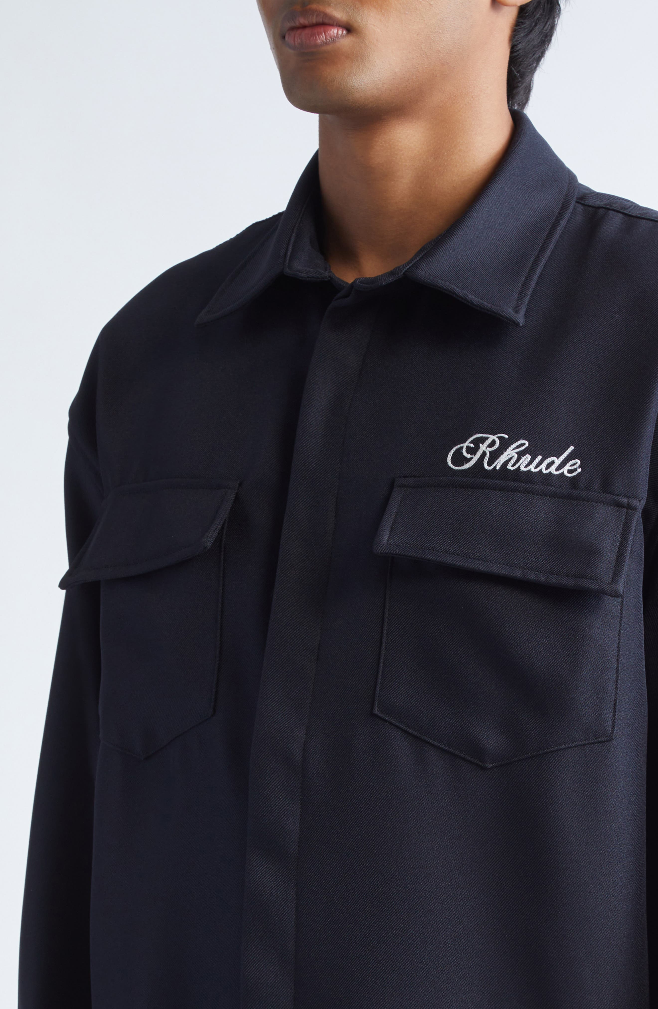 Rhude Boxy Long Sleeve Button-Up Work Shirt in Black 0015 at Nordstrom - 4