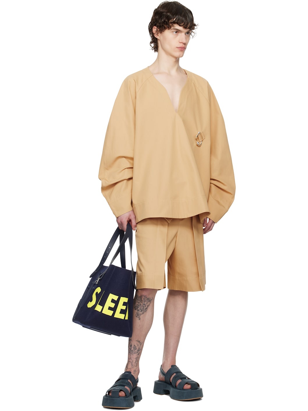 Beige Folded Front Pleat Shorts - 4