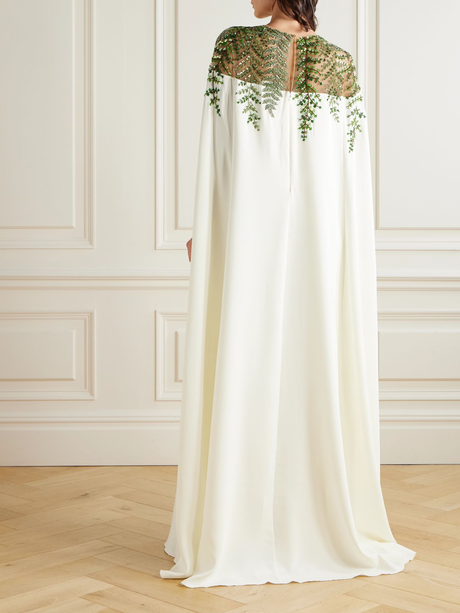 Cape-effect embellished silk-blend crepe and organza gown Ivory - 3