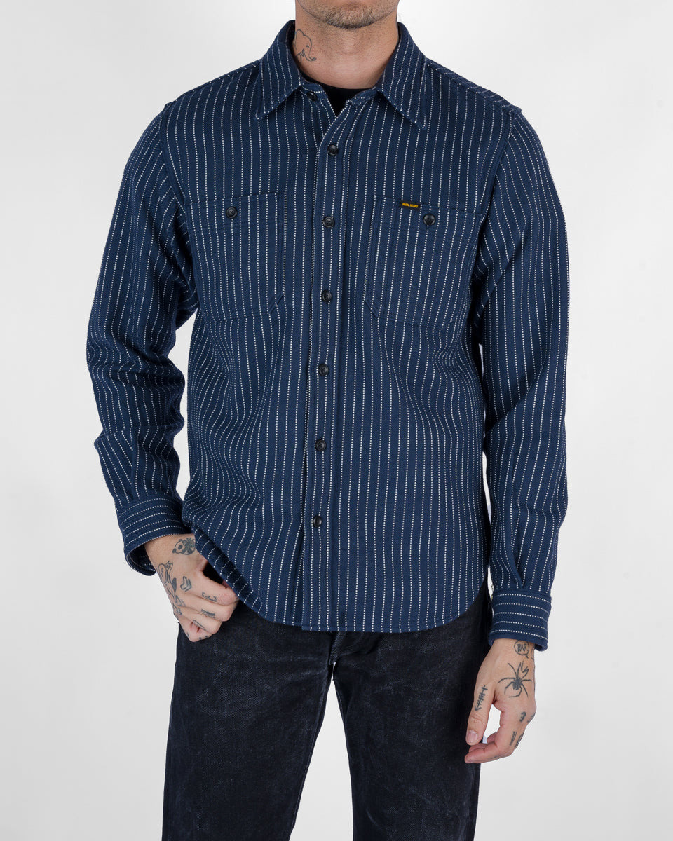 IHSH-402-NAV 12oz Ultra Heavy Flannel Chalk Stripe Work Shirt - Navy - 2