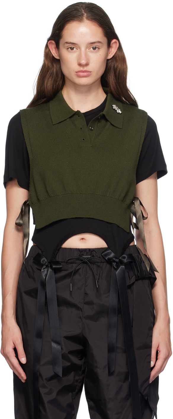 Green Embellished Knit Vest - 1