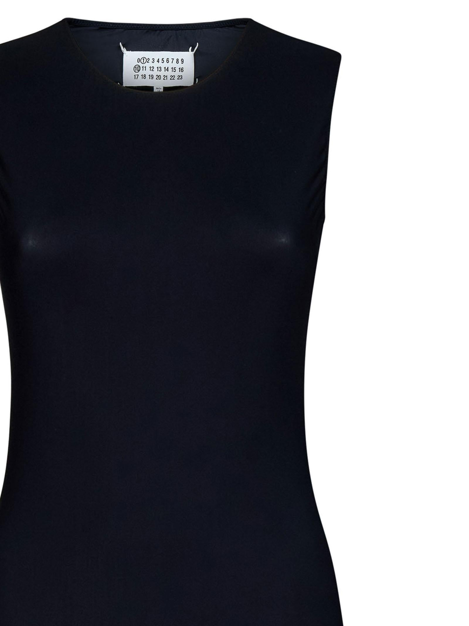 Black sleeveless stretch jersey bodysuit with white Four stitches at back. - 5