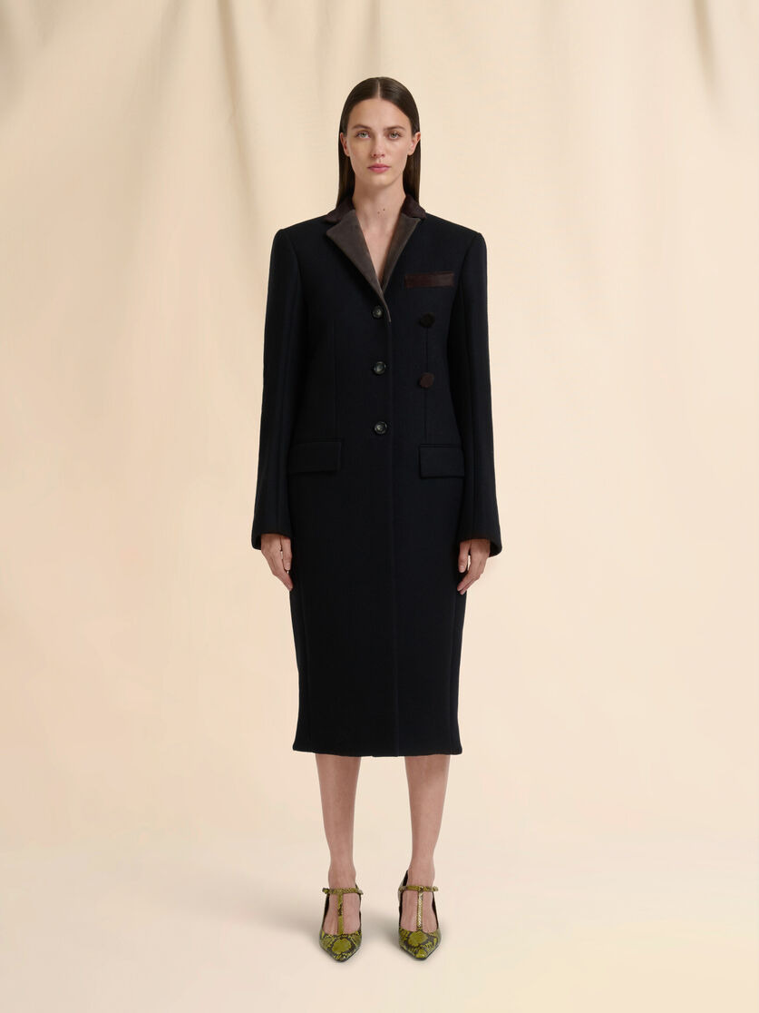 BLACK WOOL FELT COAT WITH LEATHER DETAILS - 2