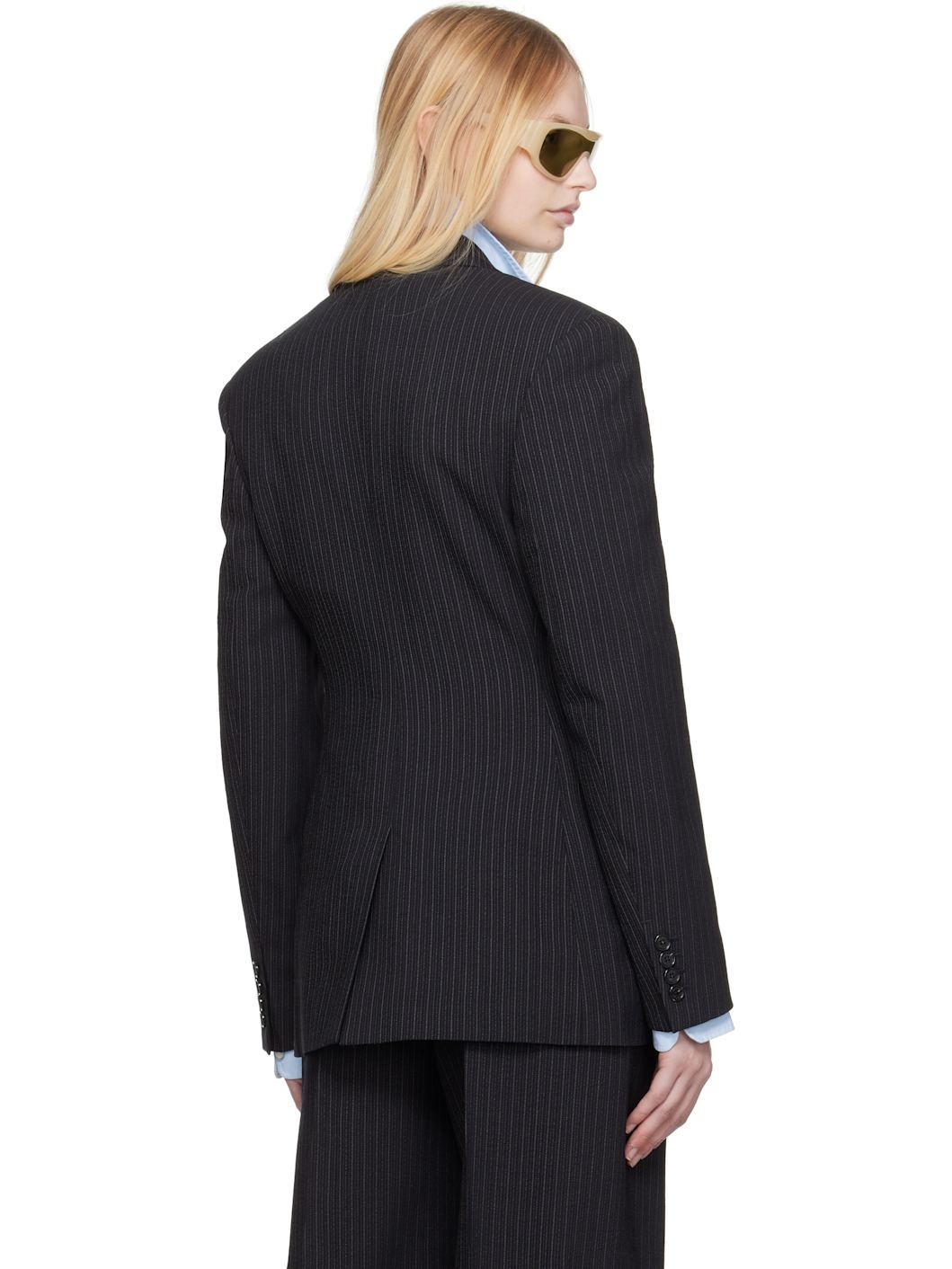 Black Double-Breasted Pinstripe Blazer - 3
