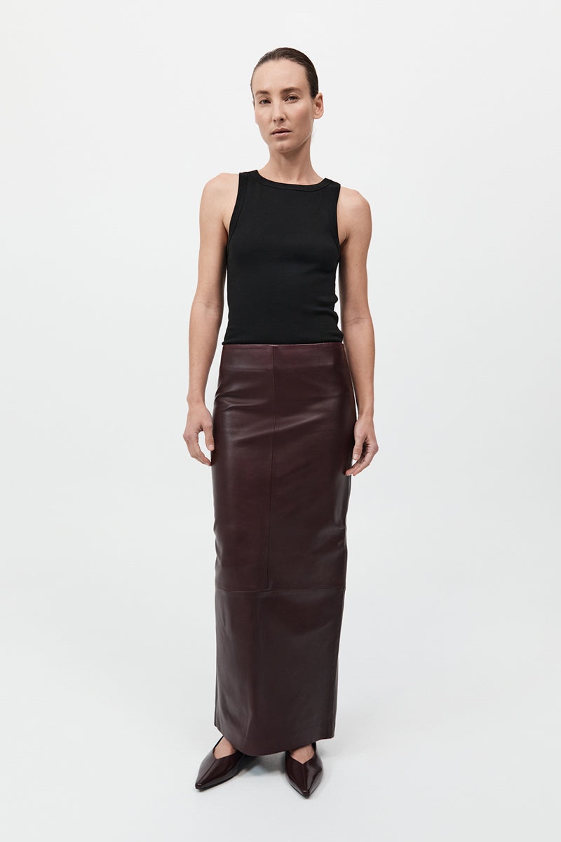 Leather Column Skirt - Bordeaux - 2