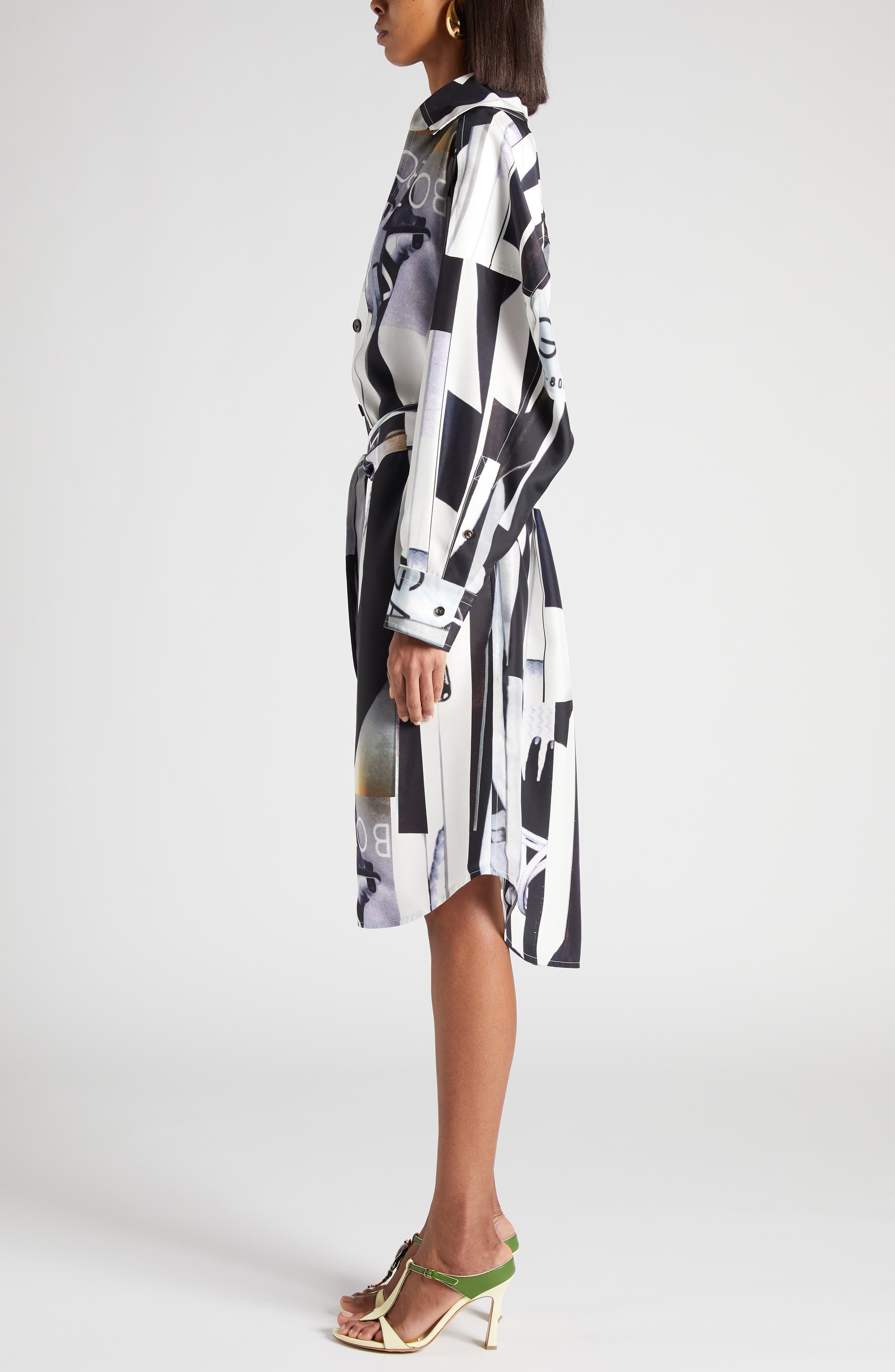 Bottega Veneta Print Long Sleeve Silk Shirtdress in 9060 Chalk/Black at Nordstrom - 3
