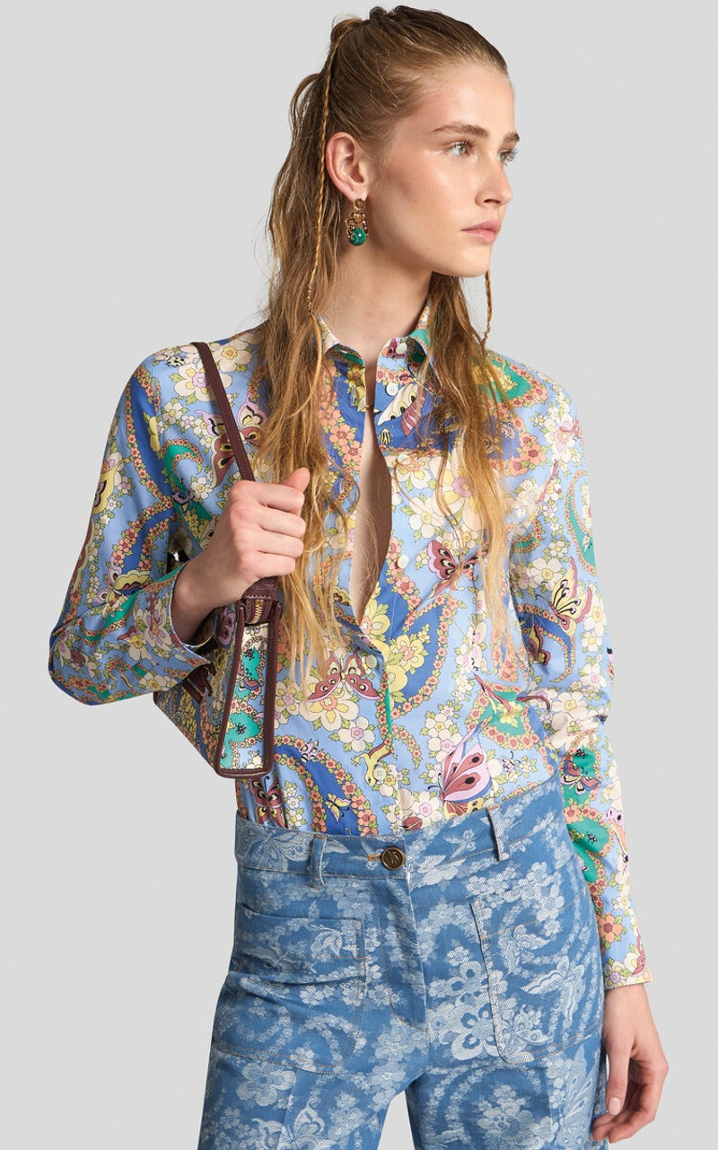 Etro Printed Cotton Wide-Leg Pants blue outlook