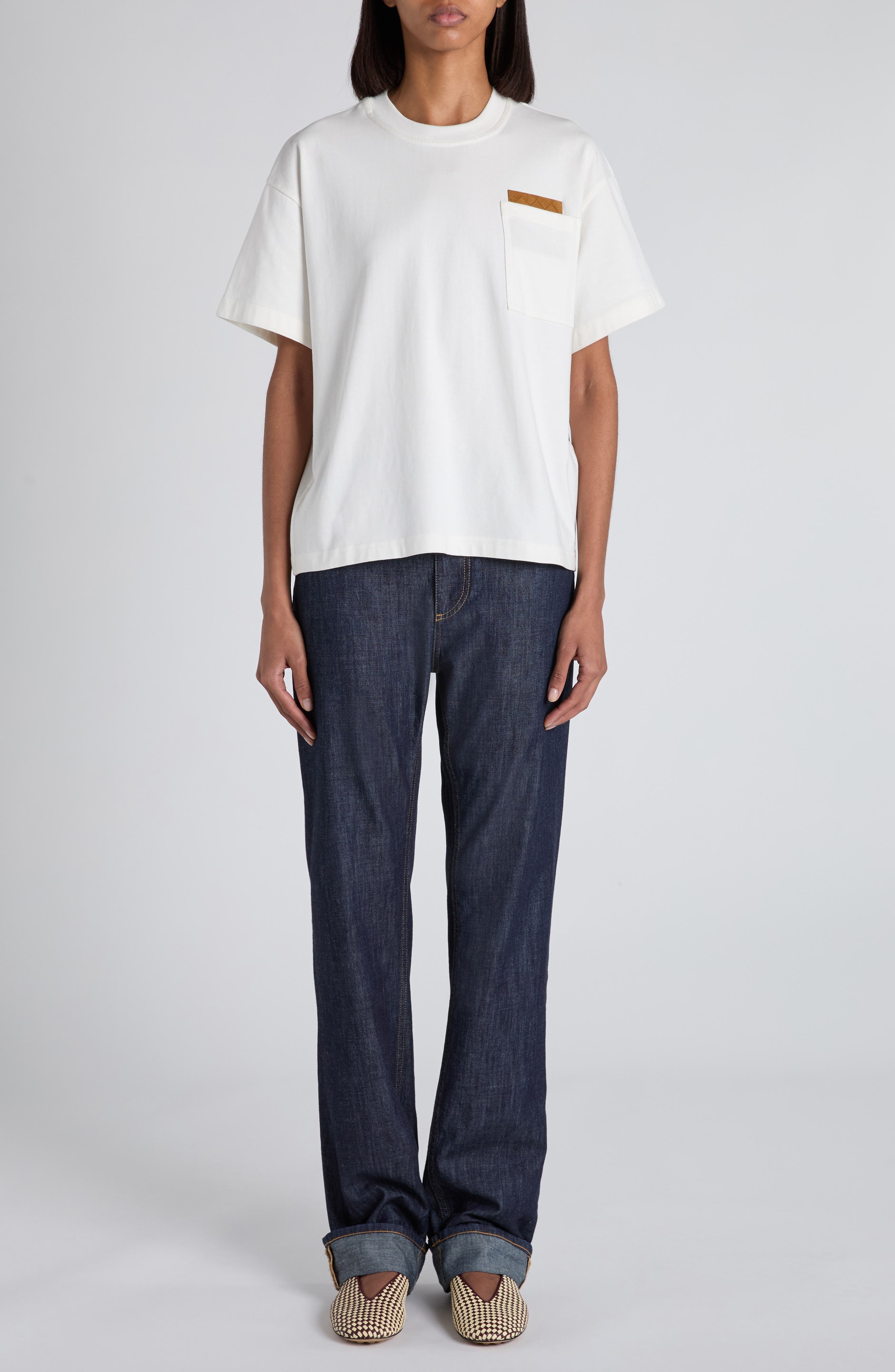 Bottega Veneta Pima Cotton Pocket T-Shirt with Intrecciato Suede Patch in 9071 Chalk at Nordstrom - 2