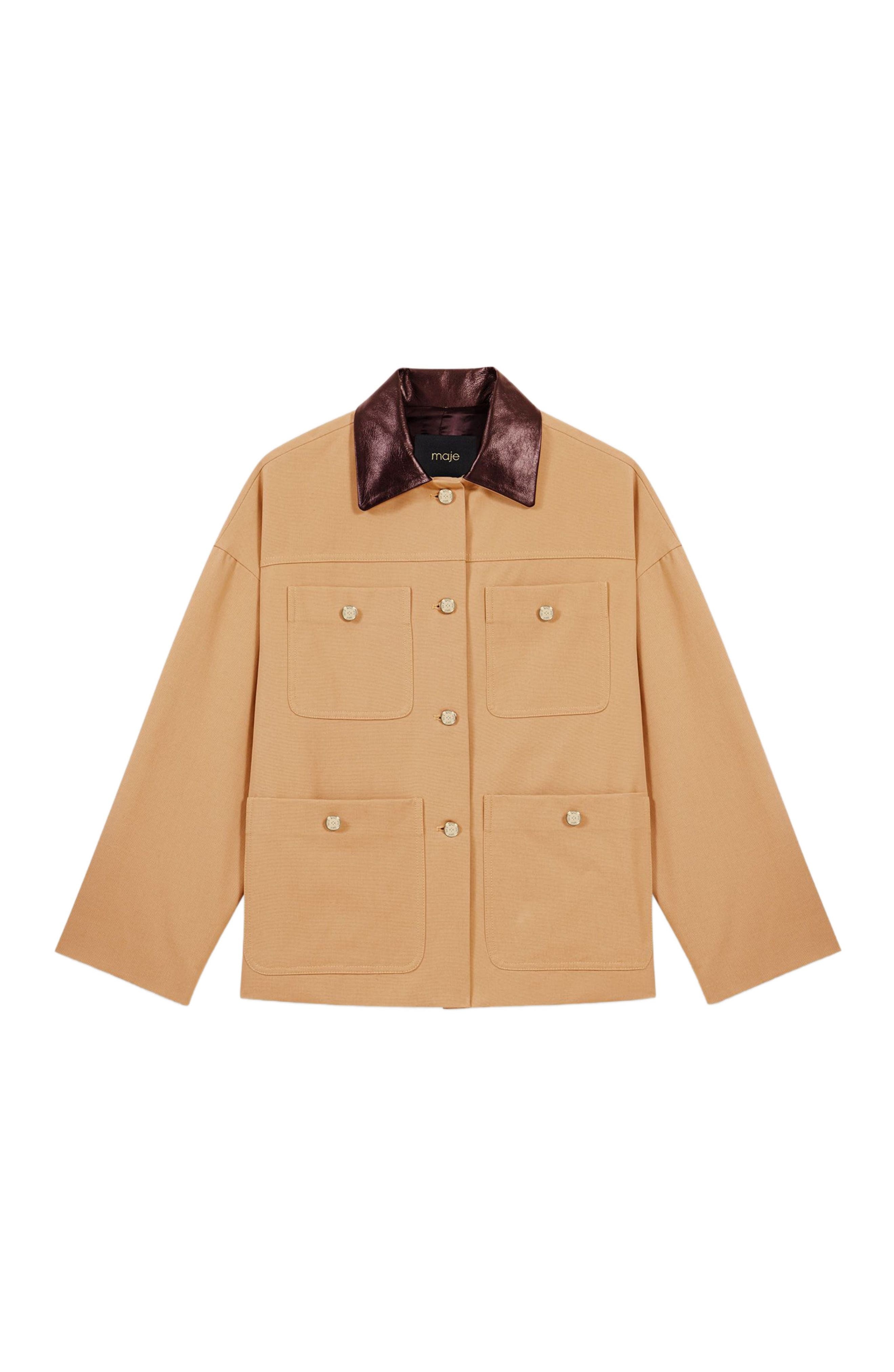 maje Cotton coat with leather collar in Beige at Nordstrom - 6