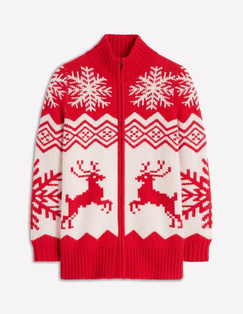 Zip Up Jacquard Cardigan-Poppy Red Reindeer 9