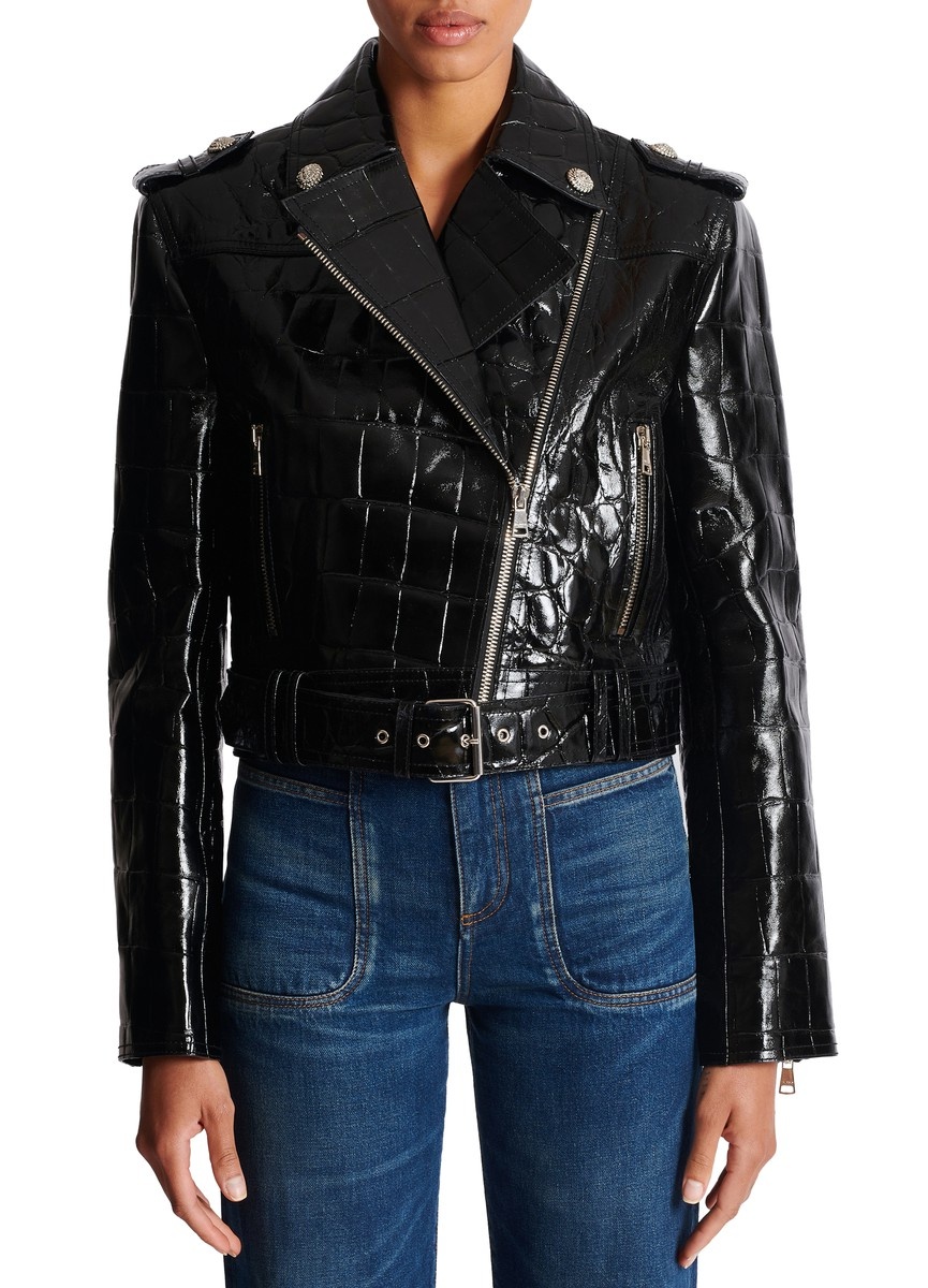 Crocodile-Effect Leather Biker Jacket - 2