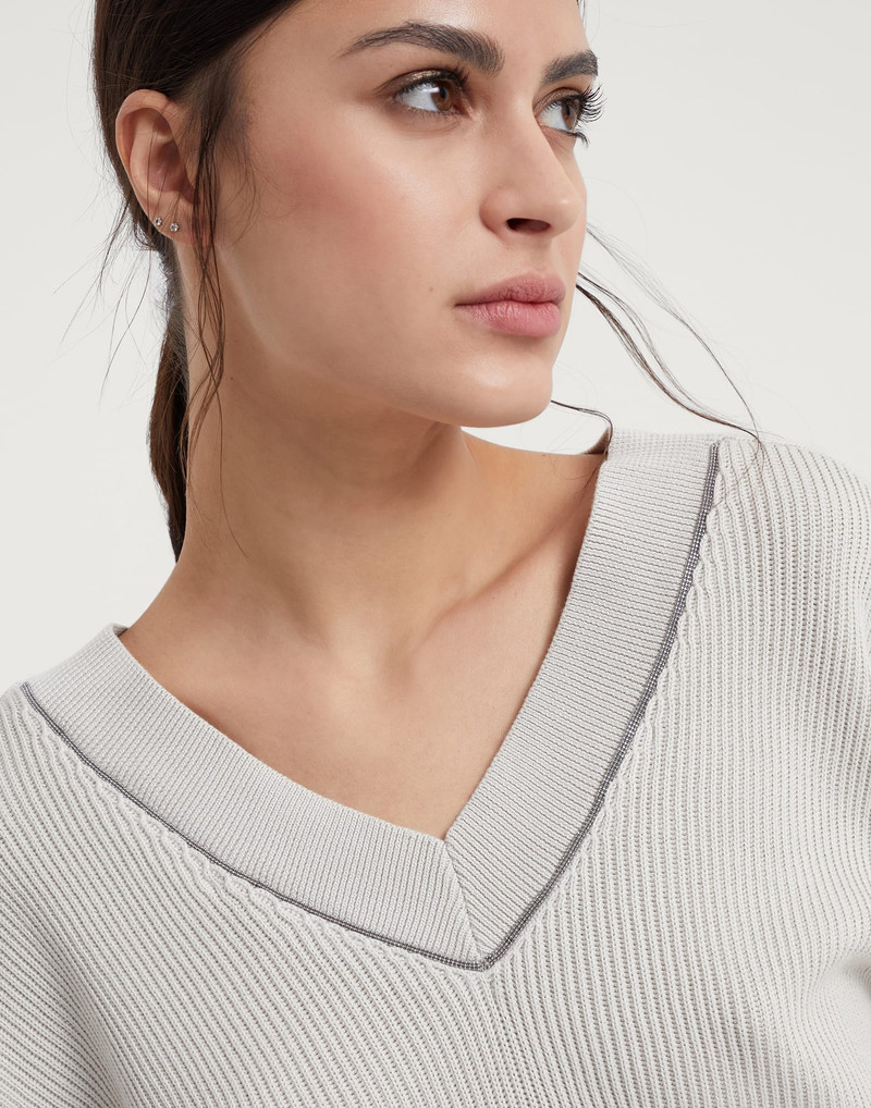 Cotton English rib sweater with shiny neckline 3