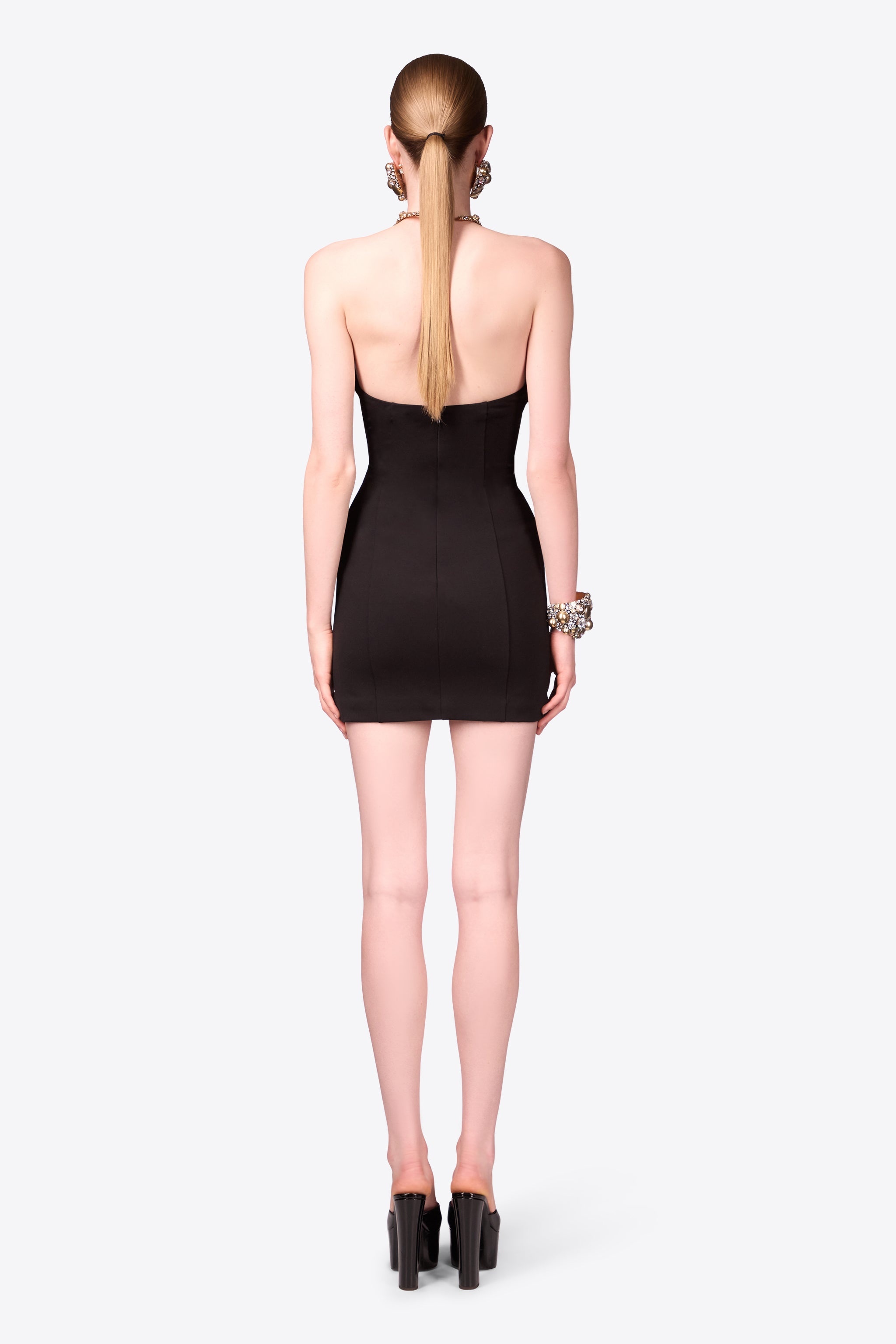 EMBROIDERED CRYSTAL BUTTON CLUSTER DRAPED MINI DRESS - 4