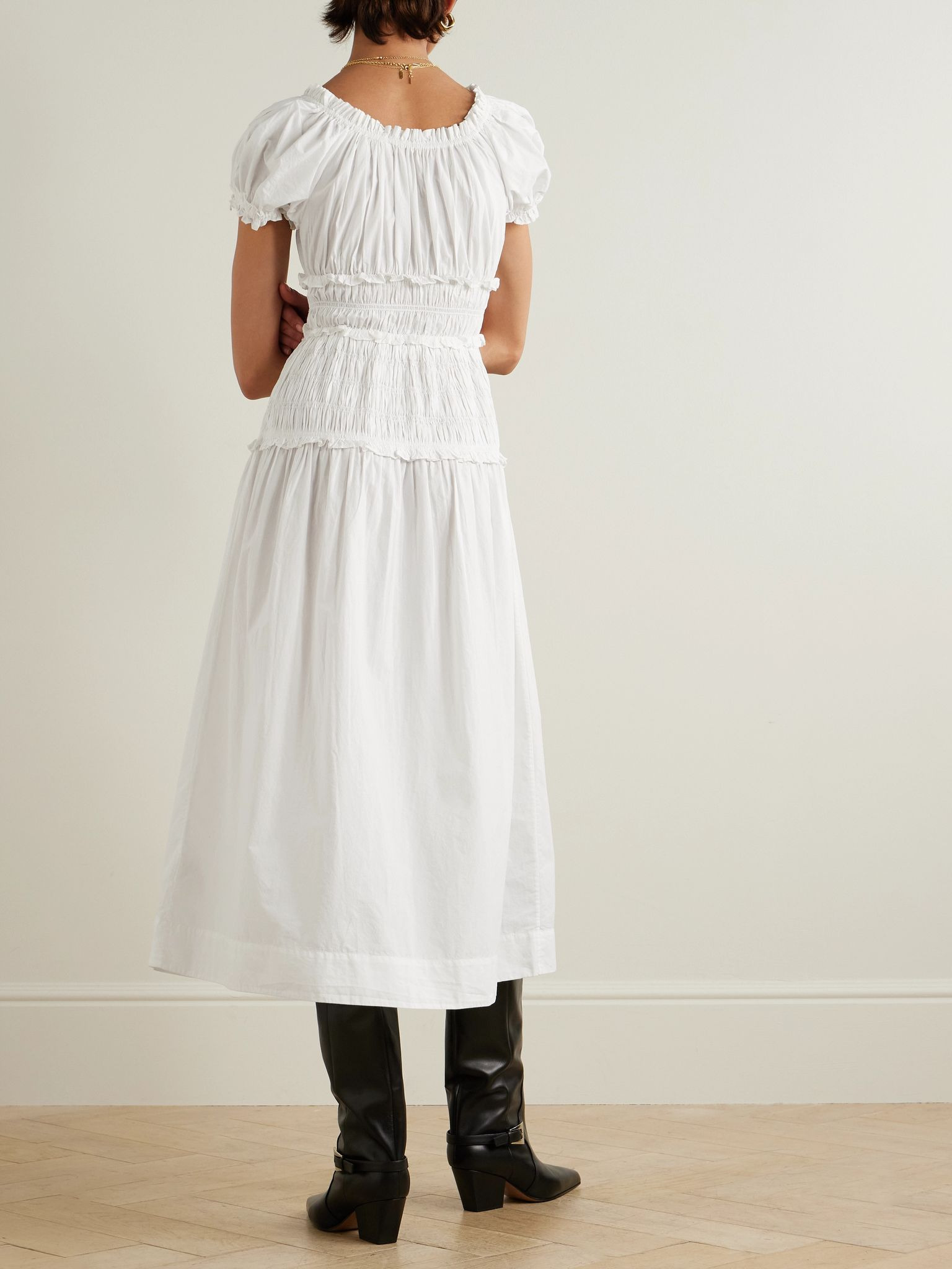 Leanne shirred organic cotton-voile midi dress White - 3