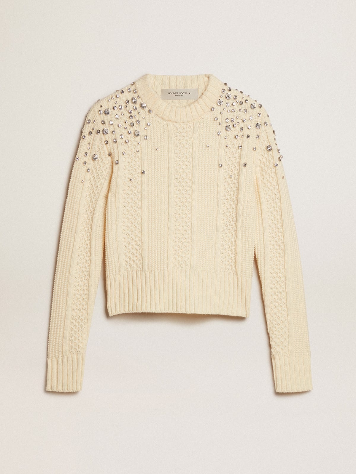 Cropped sweater in white wool with crystals - 1