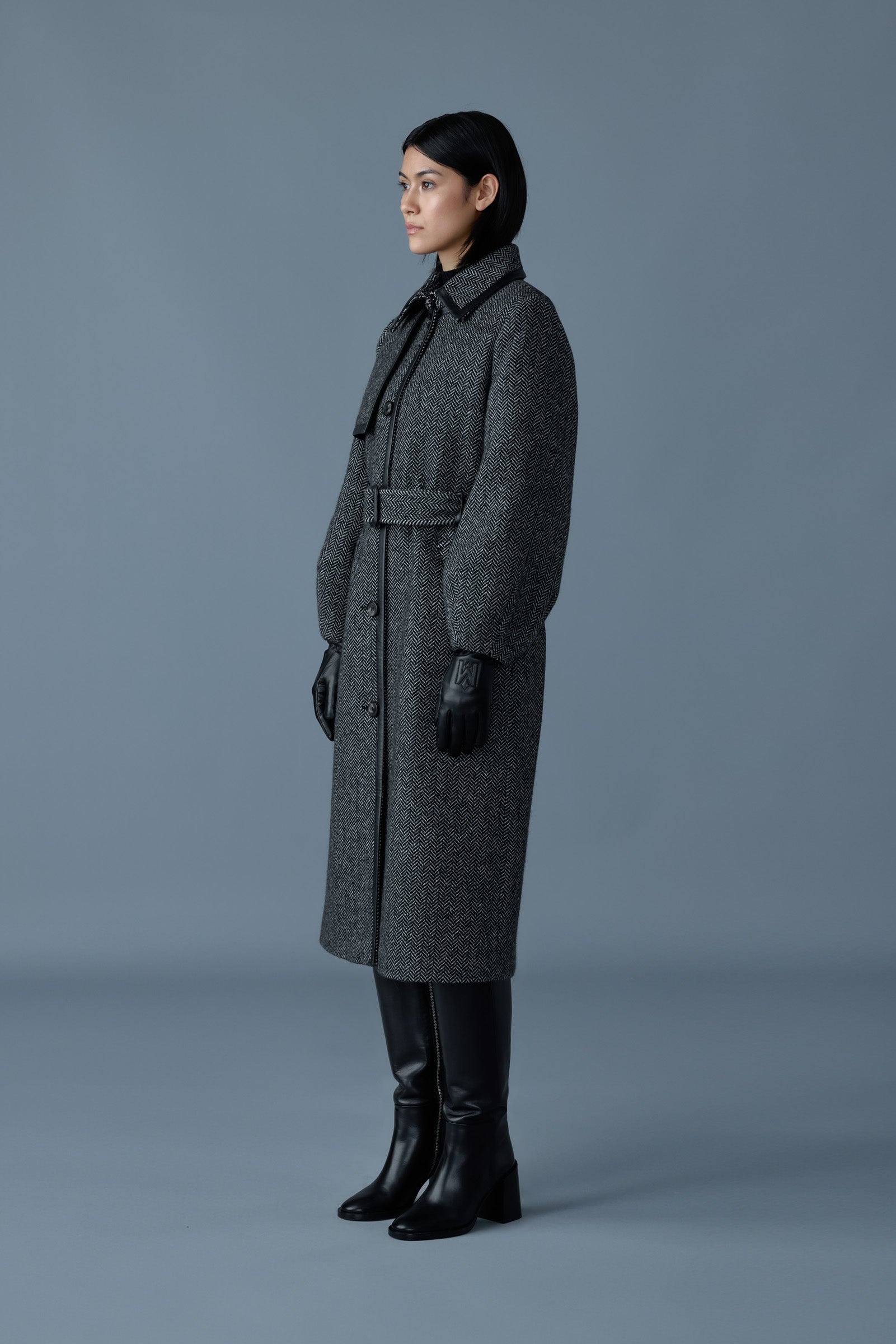 ZEVA-HB Long wool herringbone trench with leather detail - 2