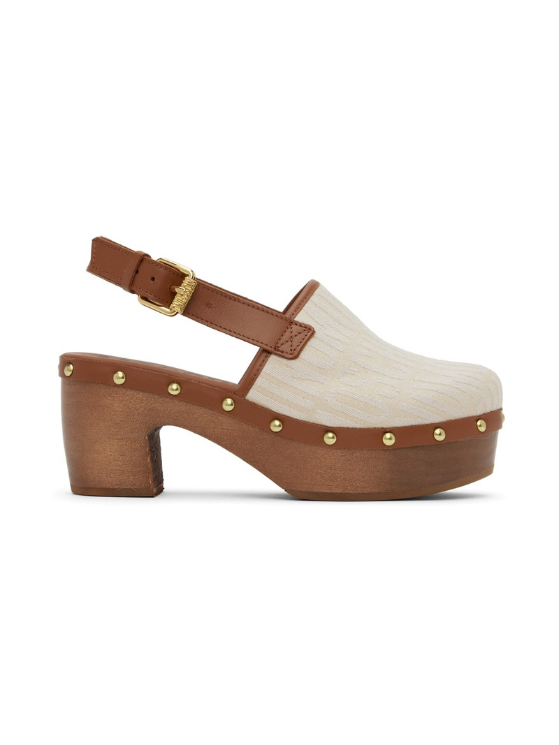 Off White & Brown Allover Logo Mules 1