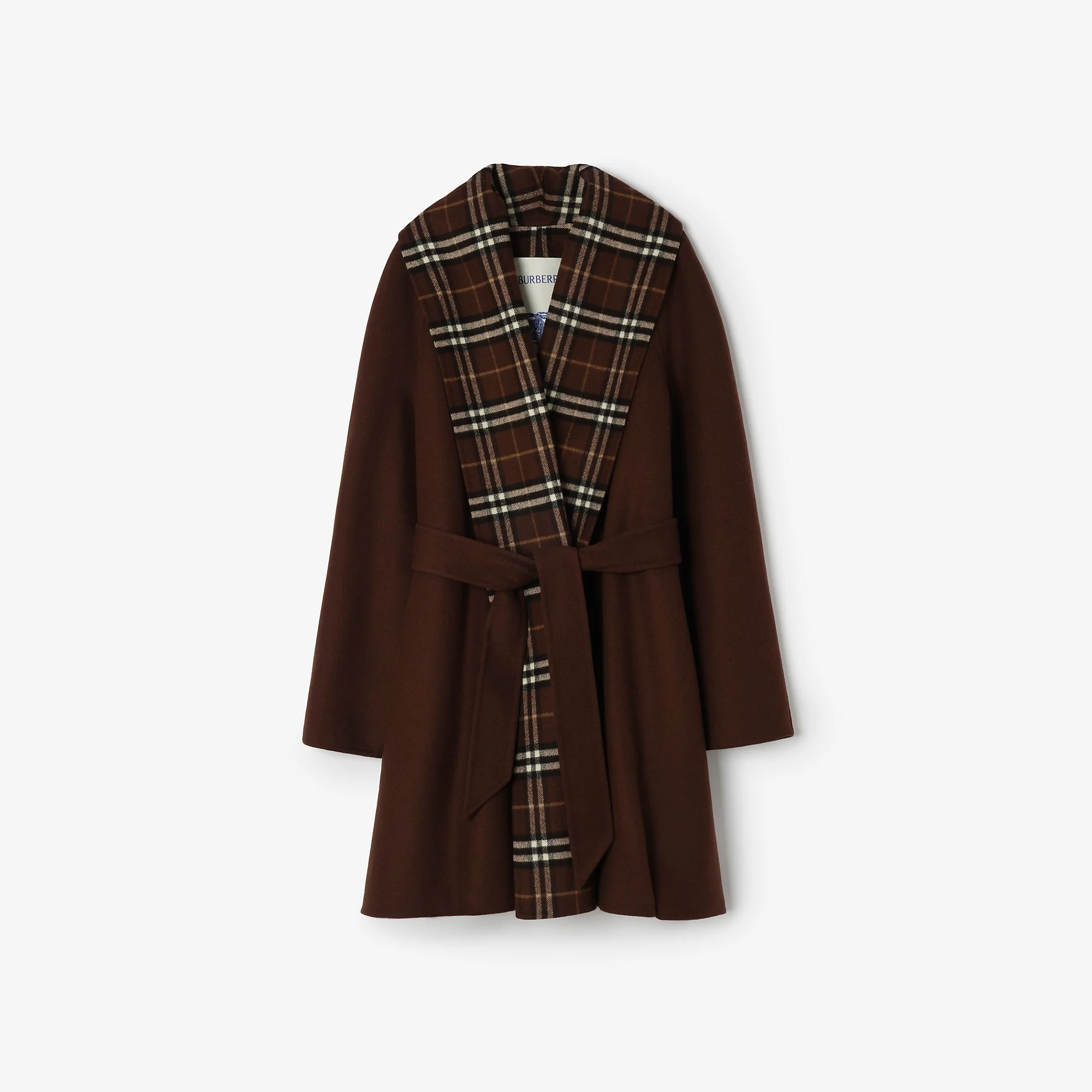 Check Trim Wool Wrap Coat - 1