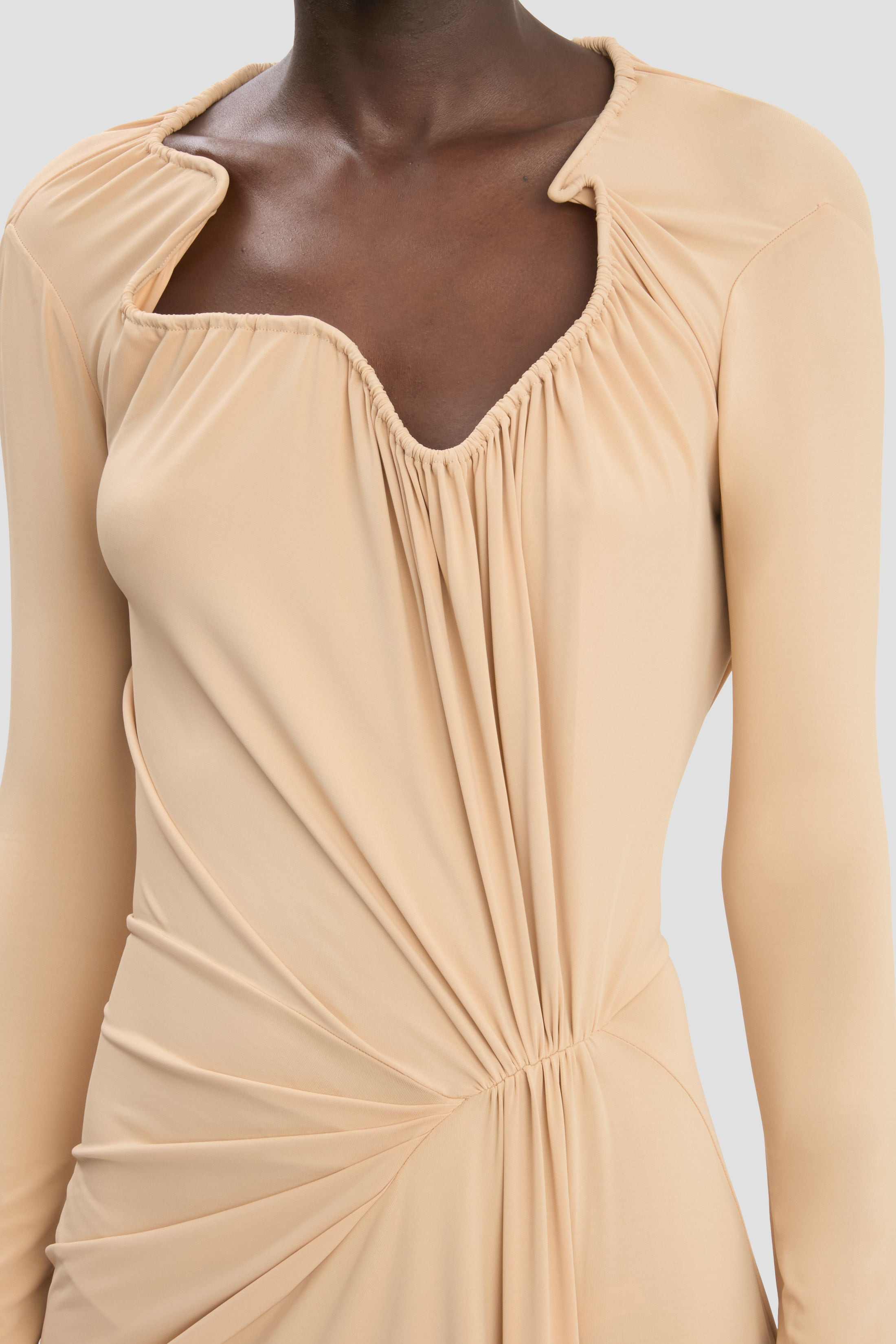 Asymmetric Structured Neckline Gown In Dune Beige - 3