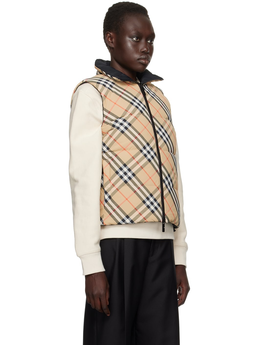 Beige Reversible Check Nylon Down Vest - 2