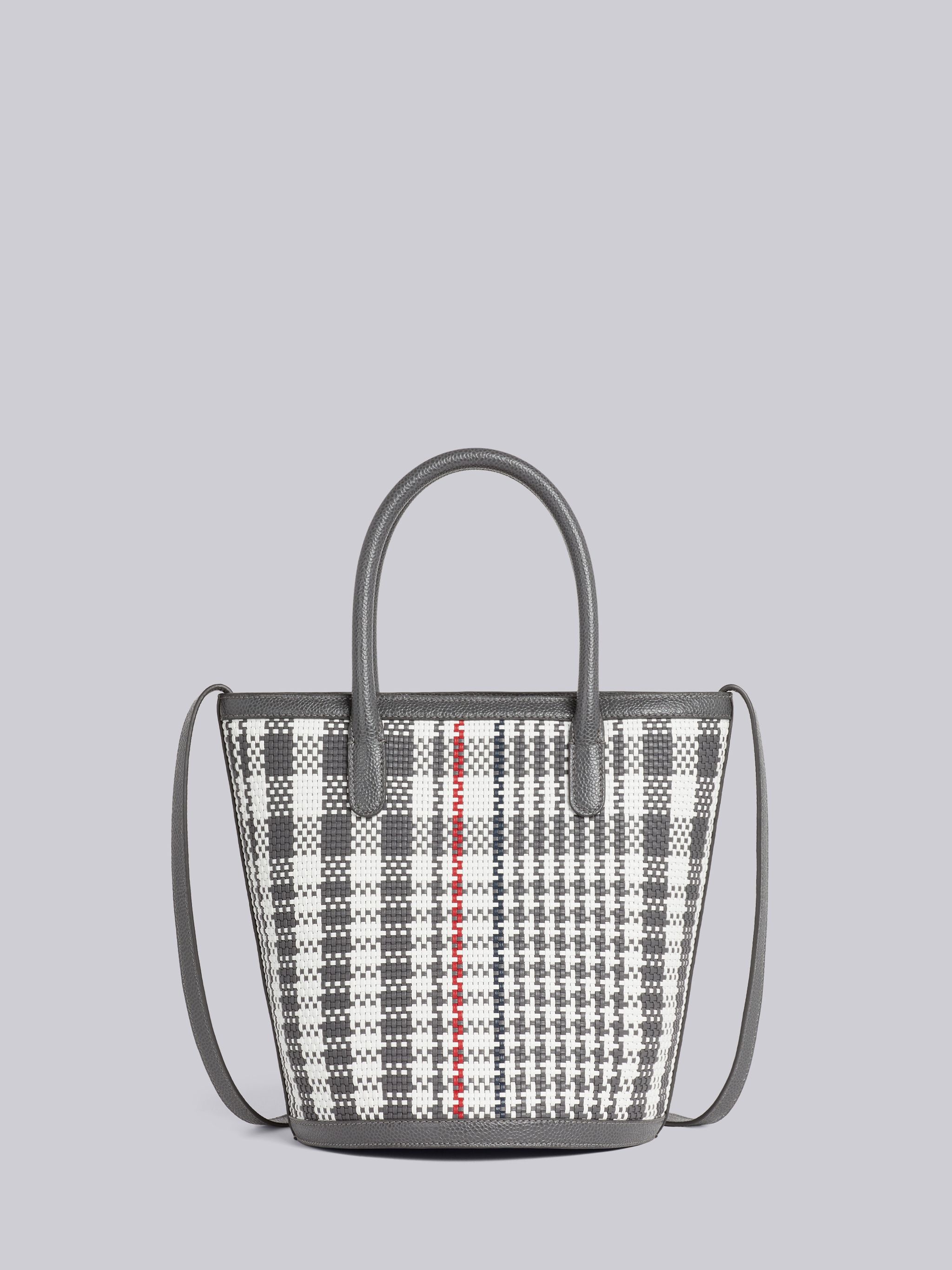 Dark Grey Calf Check Weaving Leather Frame Shoulder Strap Mini Bucket Bag - 4