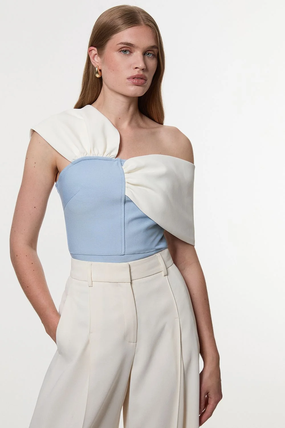 Figure Form Bandage Knit Asymmetric Strap Top - 1
