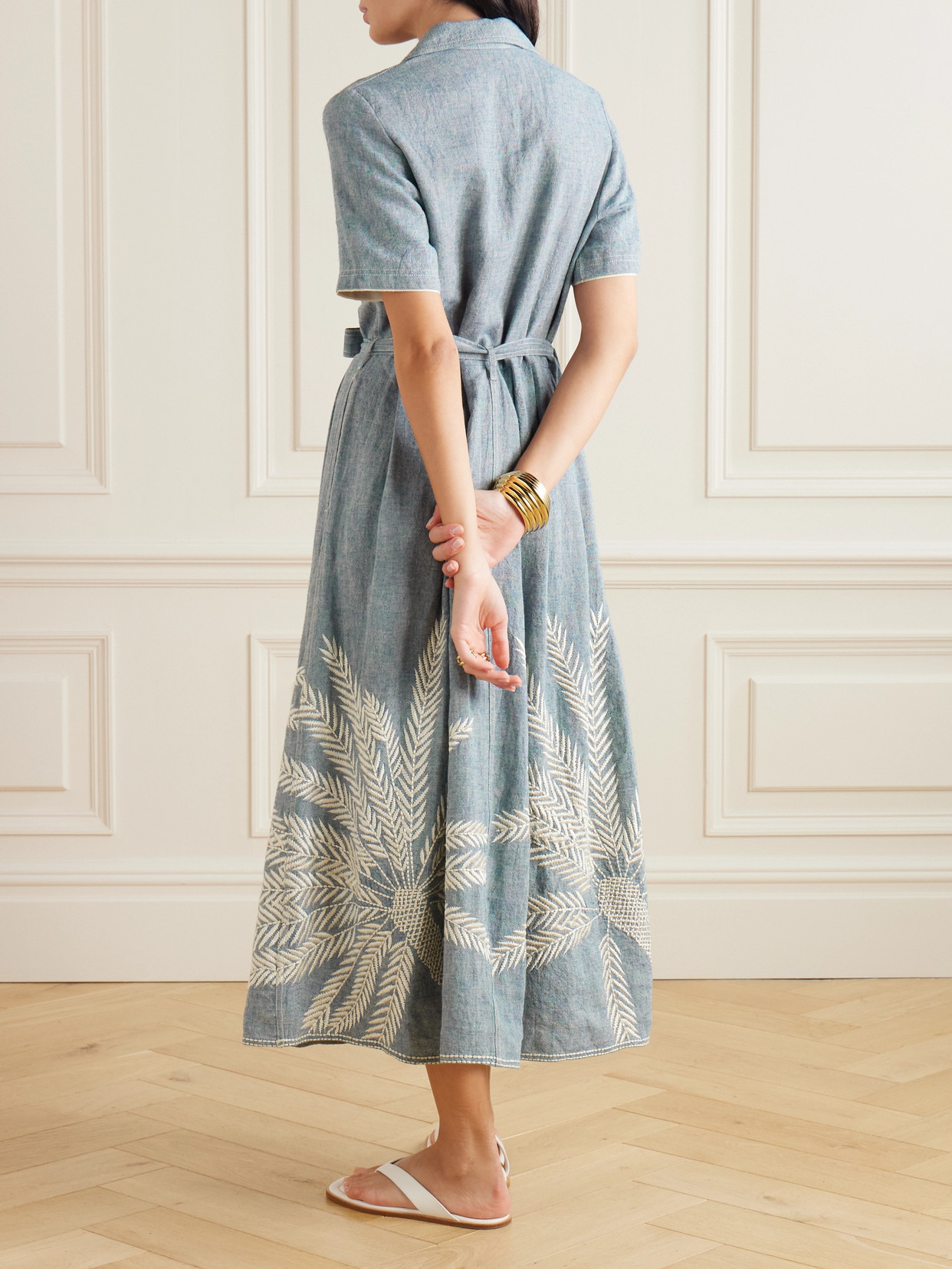 Claudia Palm Belted Embroidered Ramie And Linen-blend Midi Dress - 3