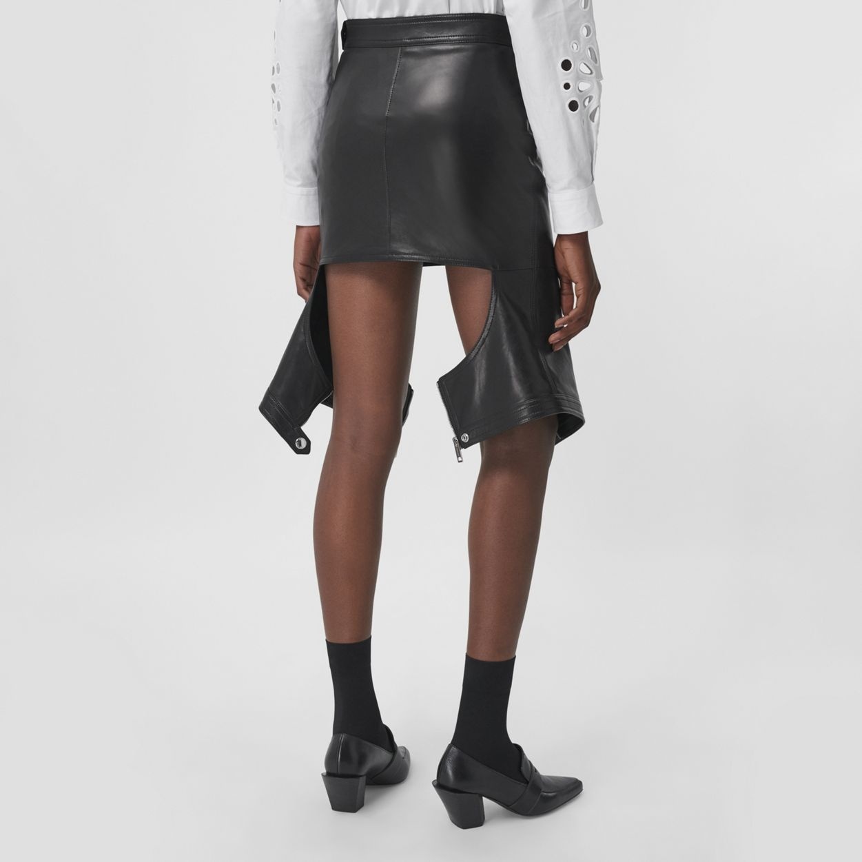 Cut-out Detail Stretch Lambskin Skirt - 4