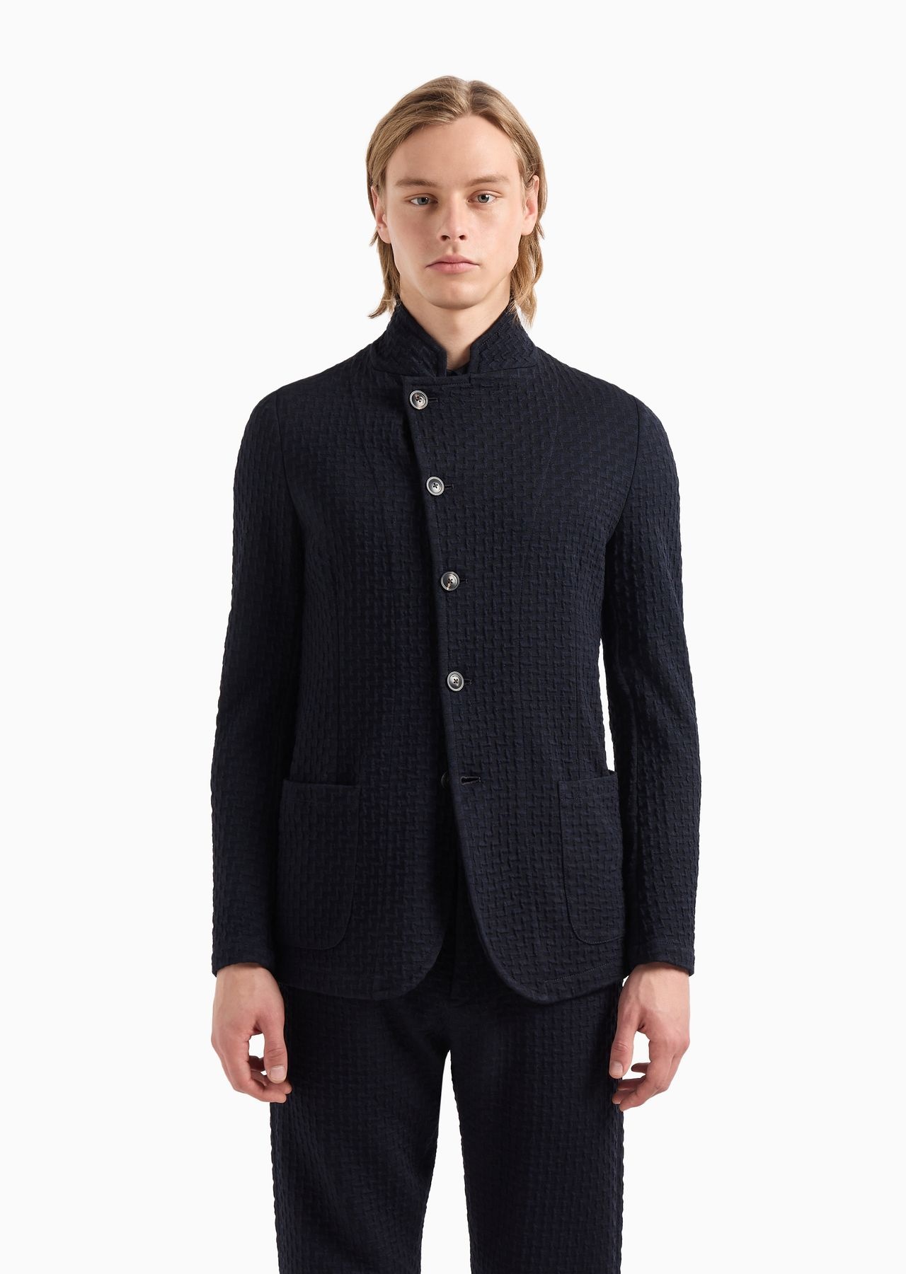 Guru-collar jacket with off-center fastening in grisaille-weave jersey - 2