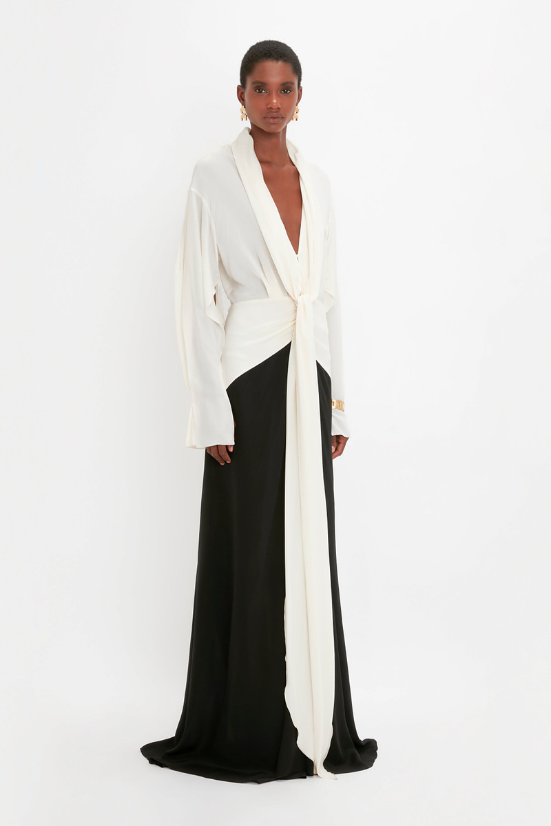 Tie Detail Gown In Vanilla-Black 3