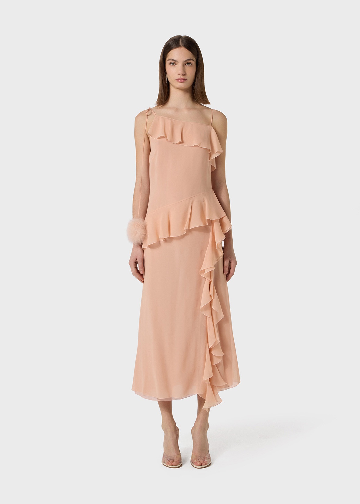 MIDI DRESS IN GEORGETTE WITH RUFFLES AND FEATHER POM-POMS. - 3