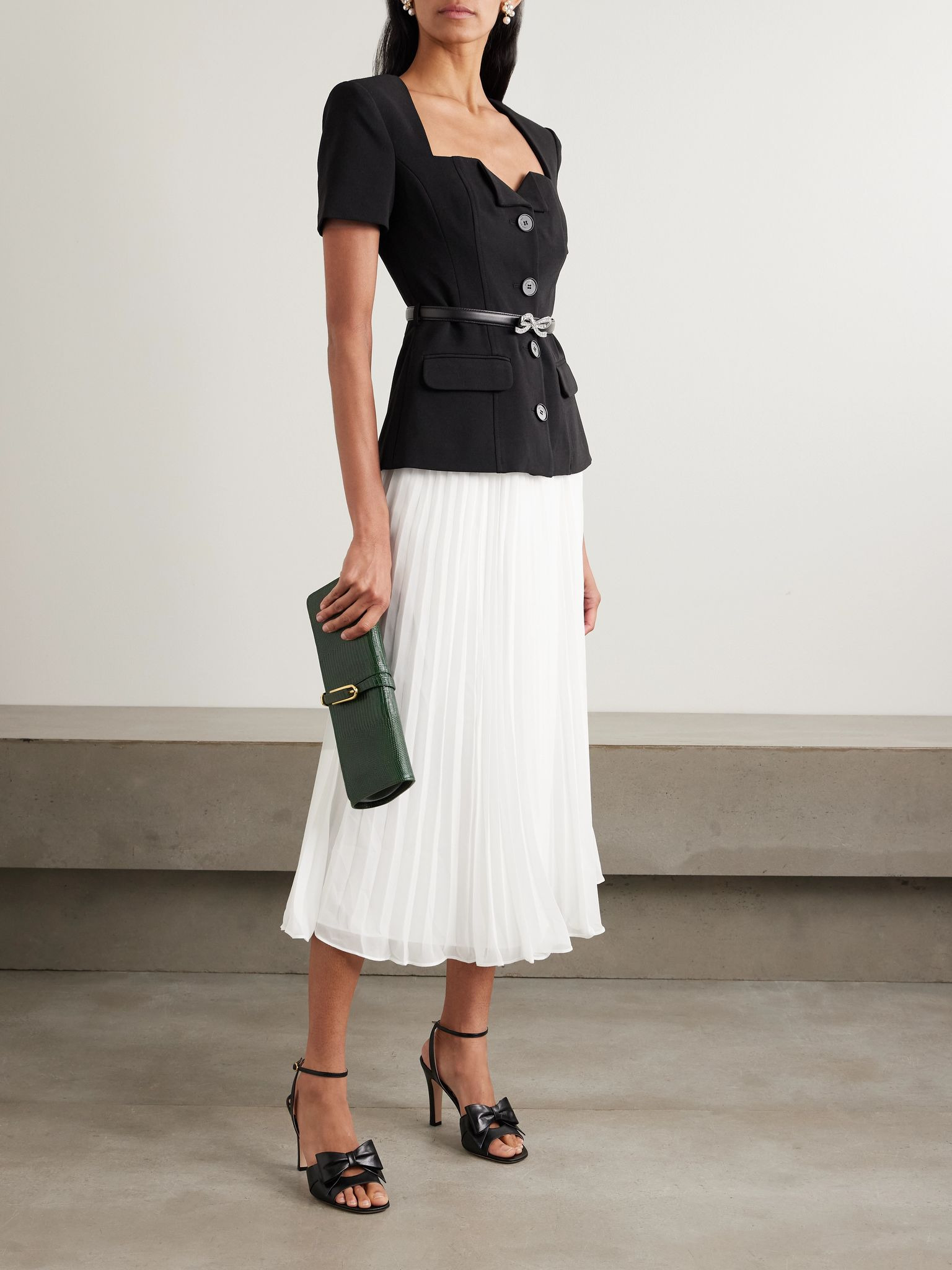 Embellished belted crepe and pleated chiffon midi dress Black - 2