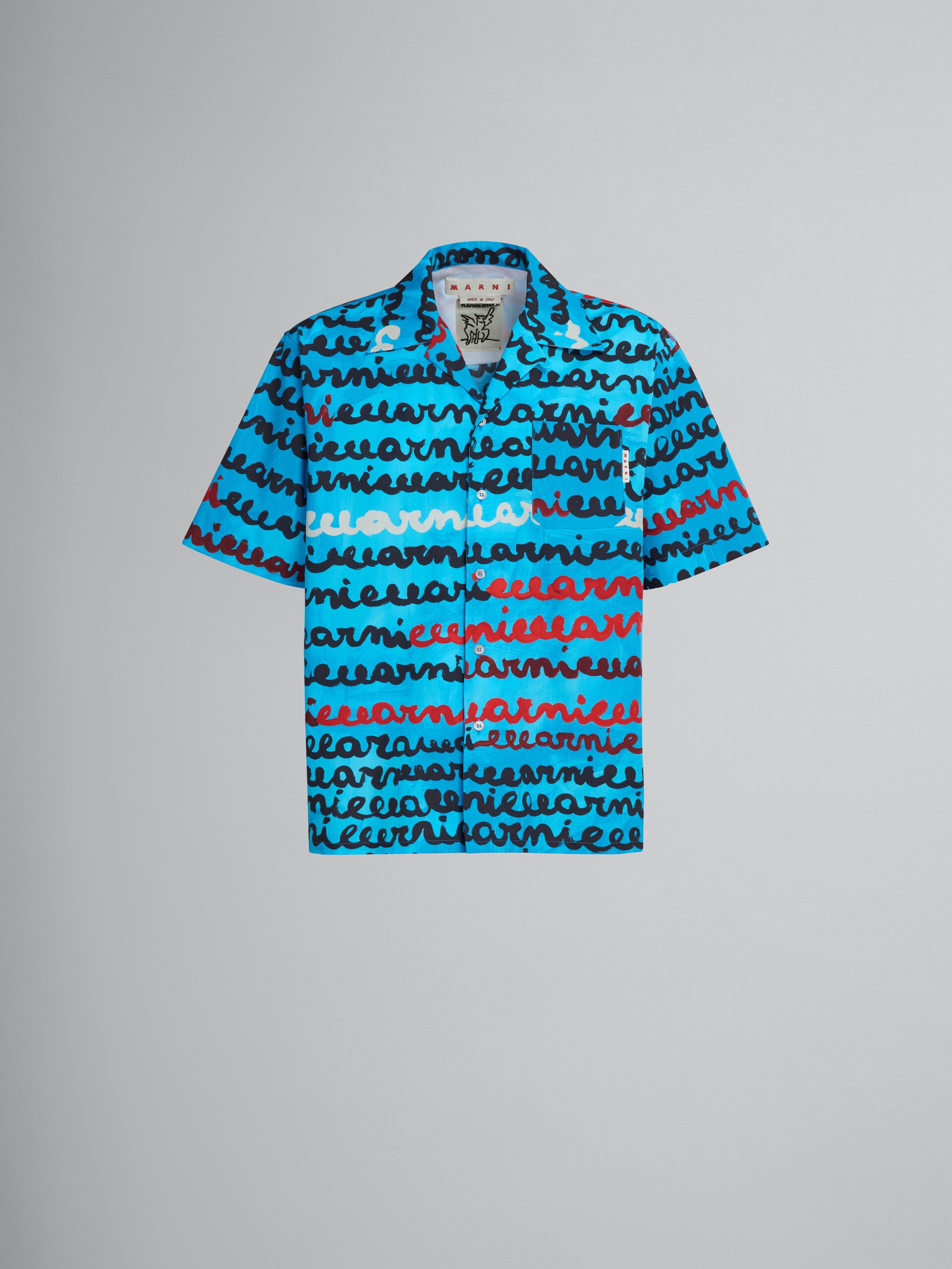 TURQUOISE COTTON BOWLING SHIRT WITH MAREMARNI PRINT - 1