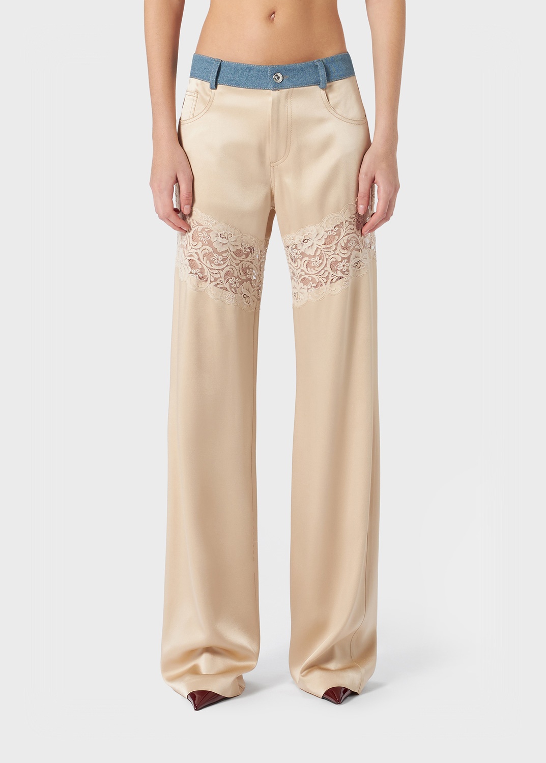 SATIN PANTS WITH DENIM AND LACE INSERTS - 3