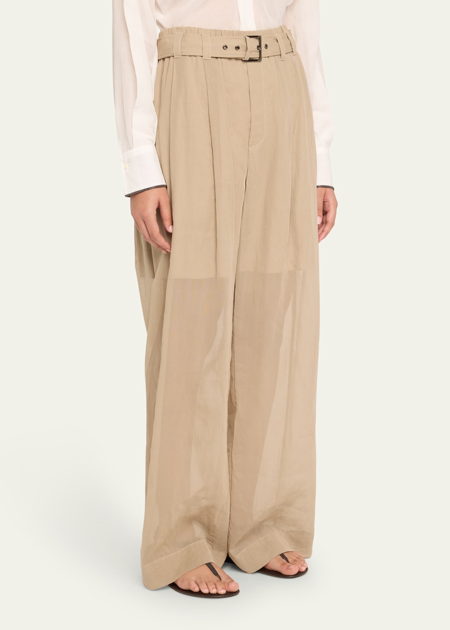Belted Cotton Gauze Wide Leg Track Pants - 4