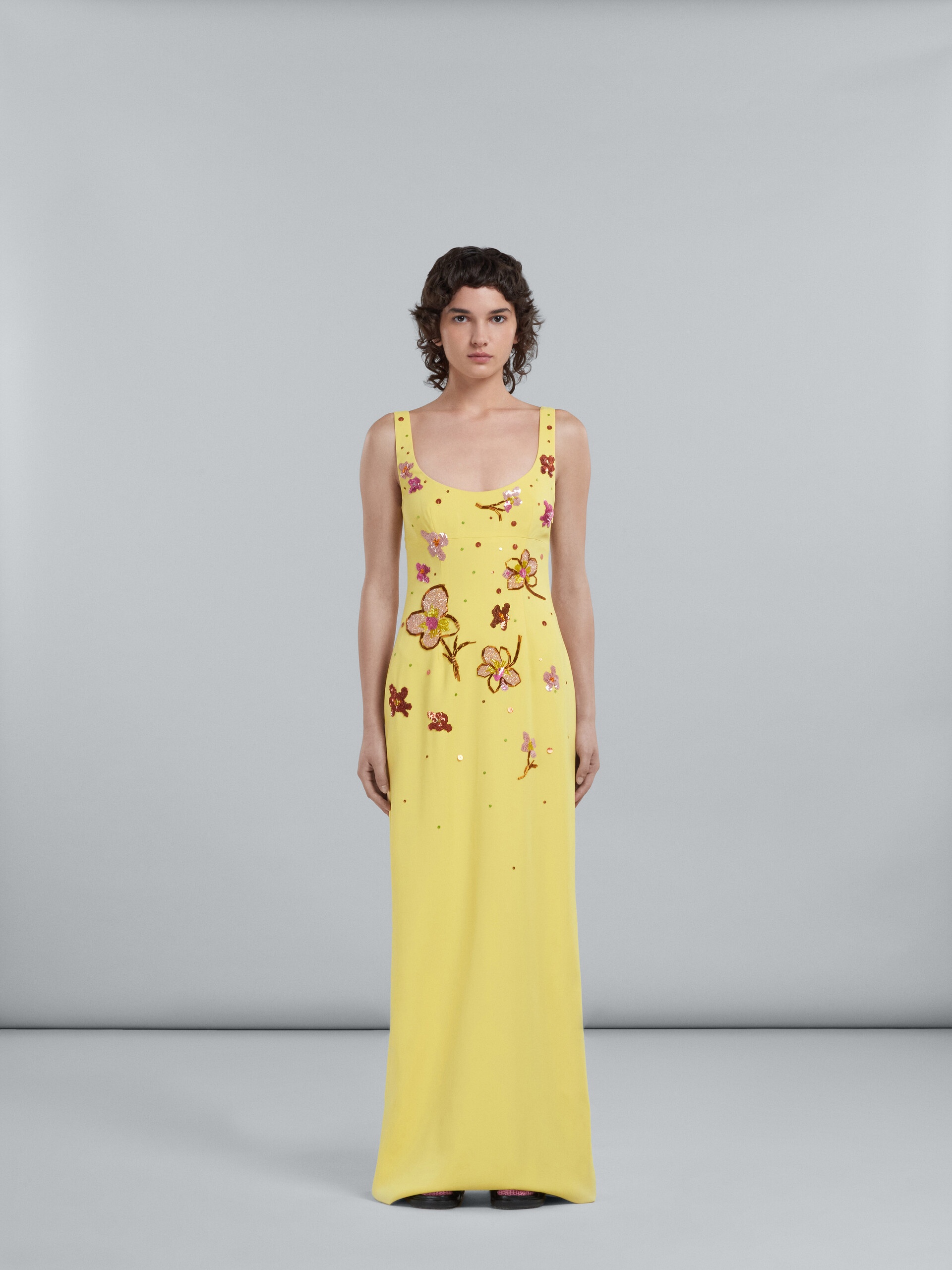 YELLOW CADY LONG DRESS WITH SEQUINS - 2