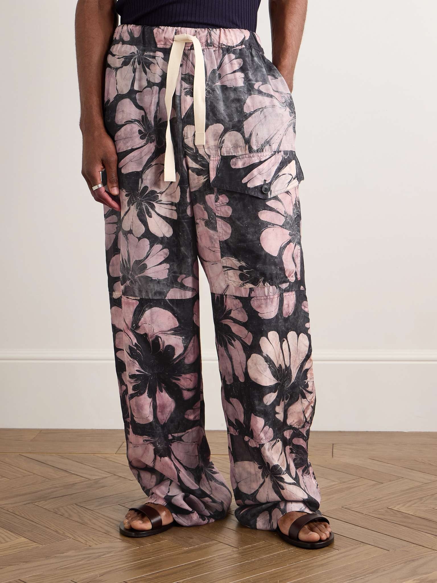 Pannoch Wide-Leg Floral-Print Silk-Satin Drawstring Cargo Trousers - 3