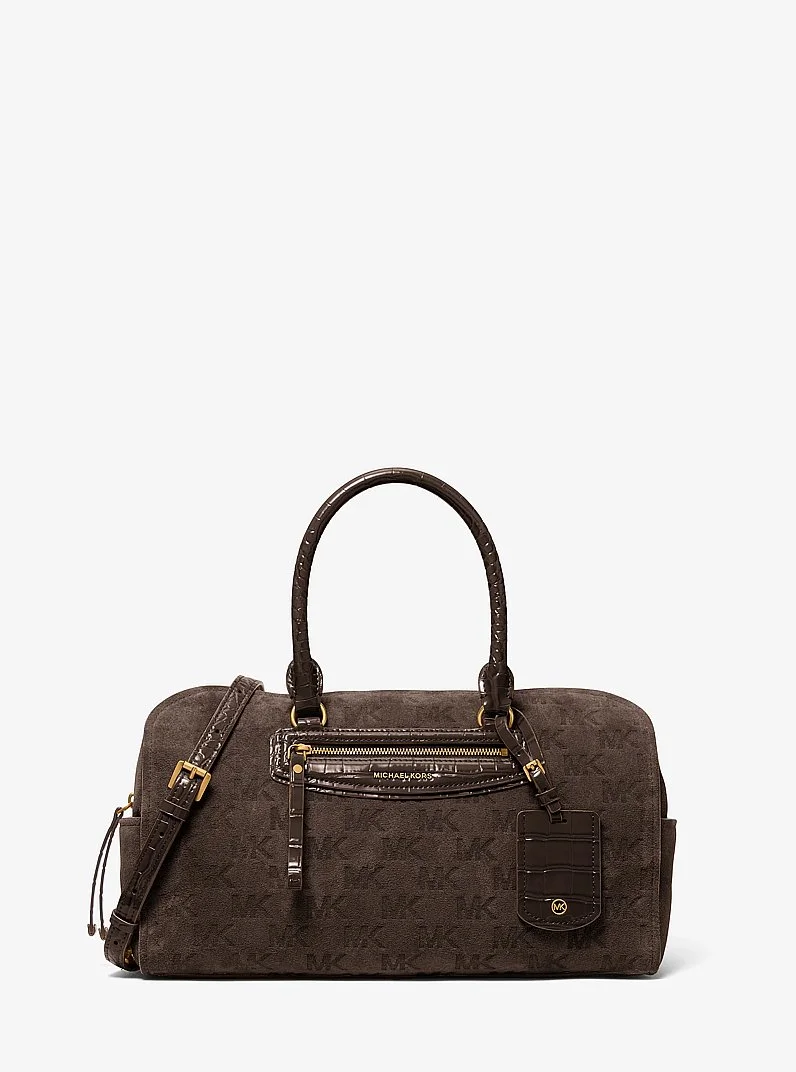 Jet Set Travel Medium Logo Embossed Suede Duffel Crossbody Bag - 1