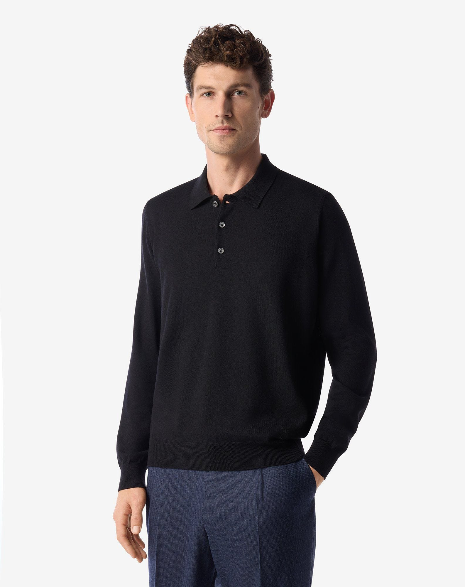 Black extra fine merino wool button-up polo - 2
