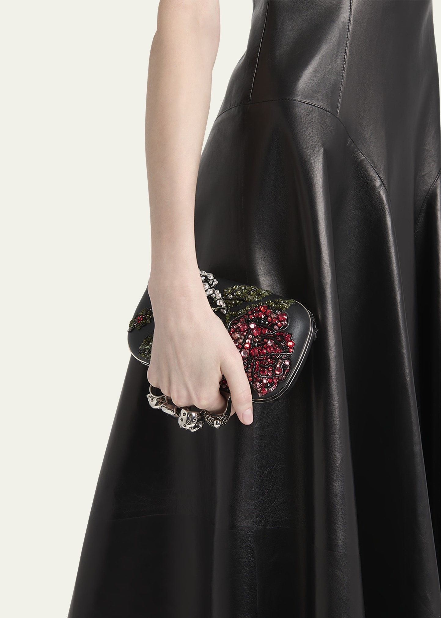 Bead & Crystal Flower Skull Four Ring Clutch Bag - 2
